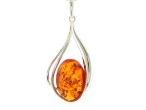 Silver Oval Amber Teardrop Wave Pendant Necklace