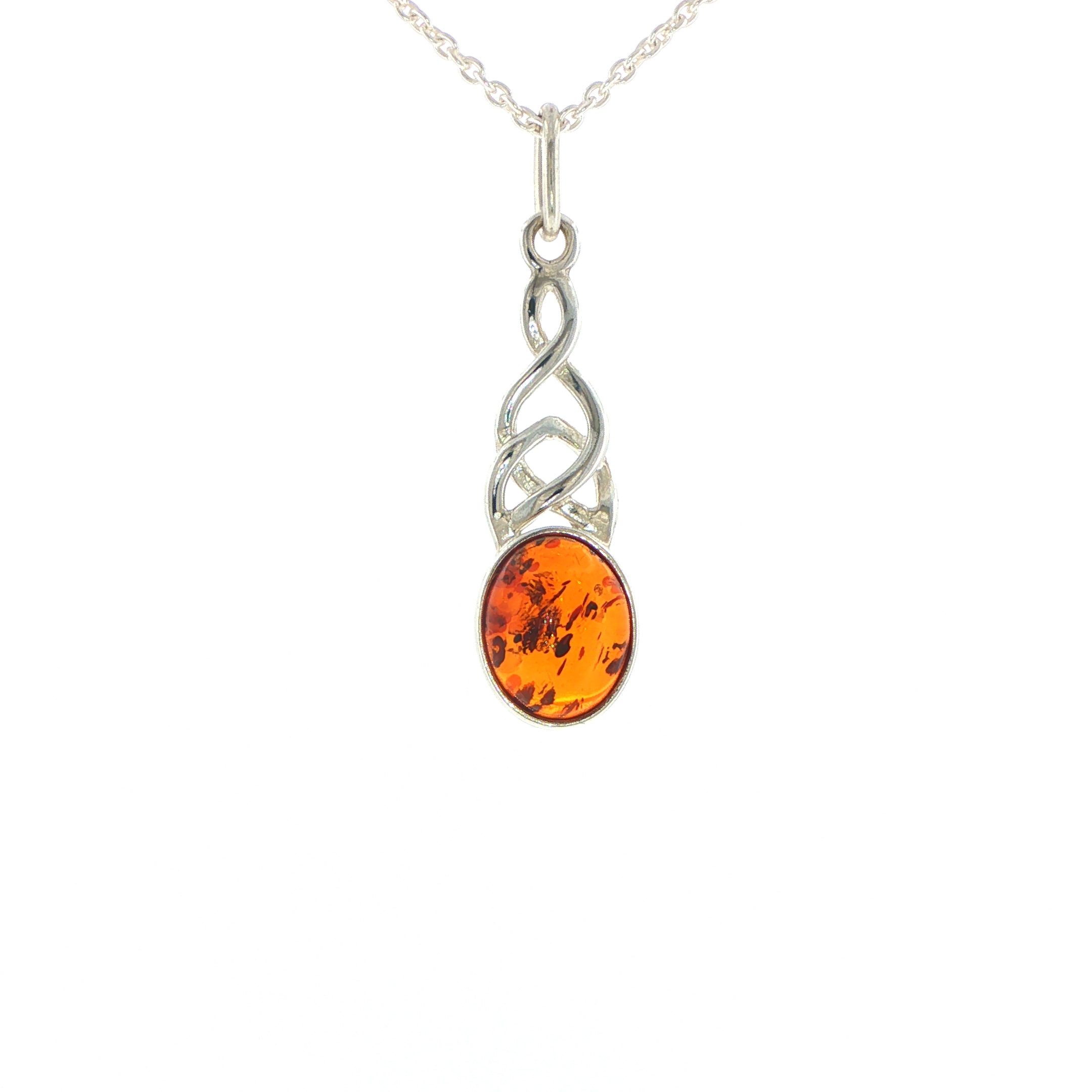 Celtic Knot Orange Amber Pendant Necklace in Silver