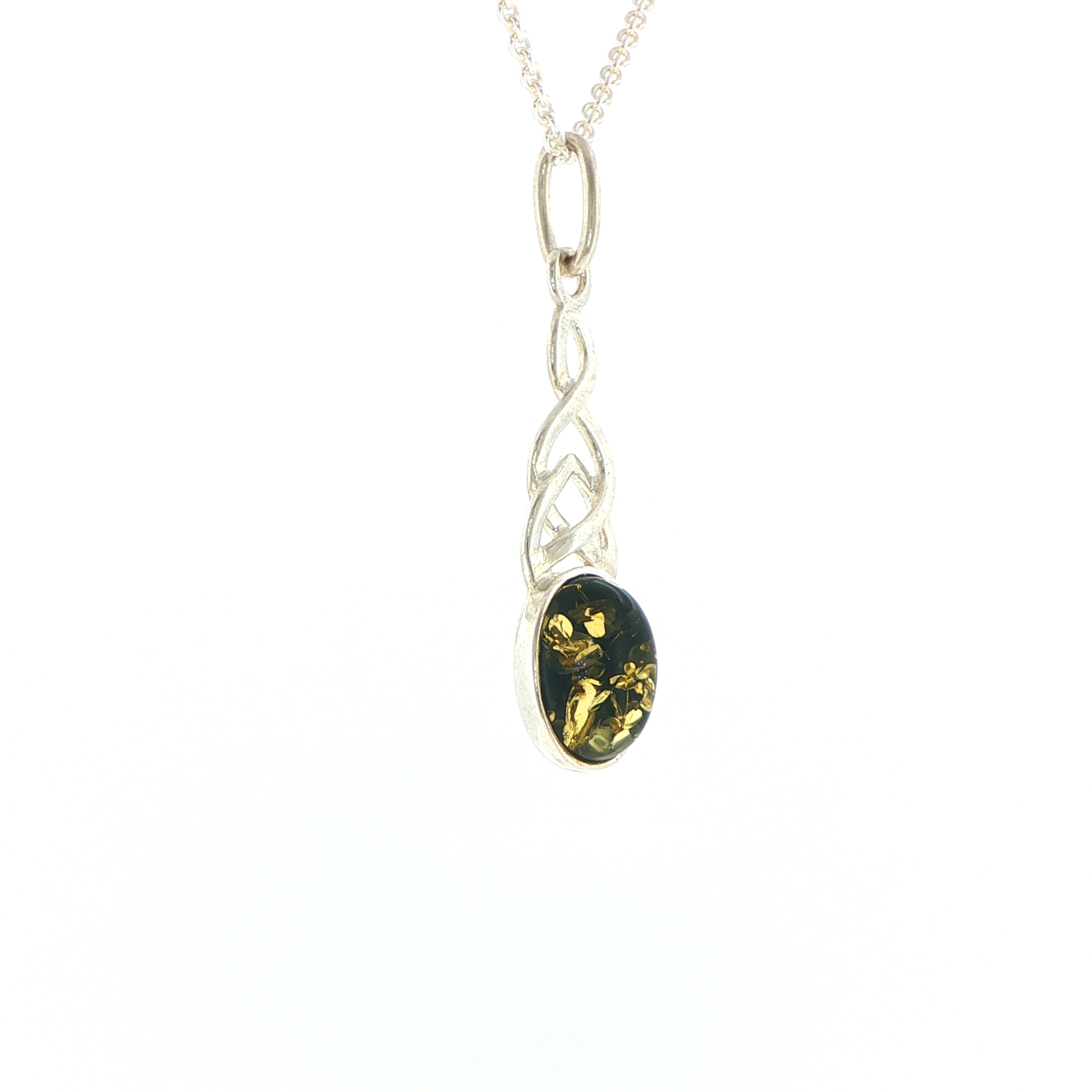 Celtic Knot Green Amber Pendant Necklace in Silver - Image 3
