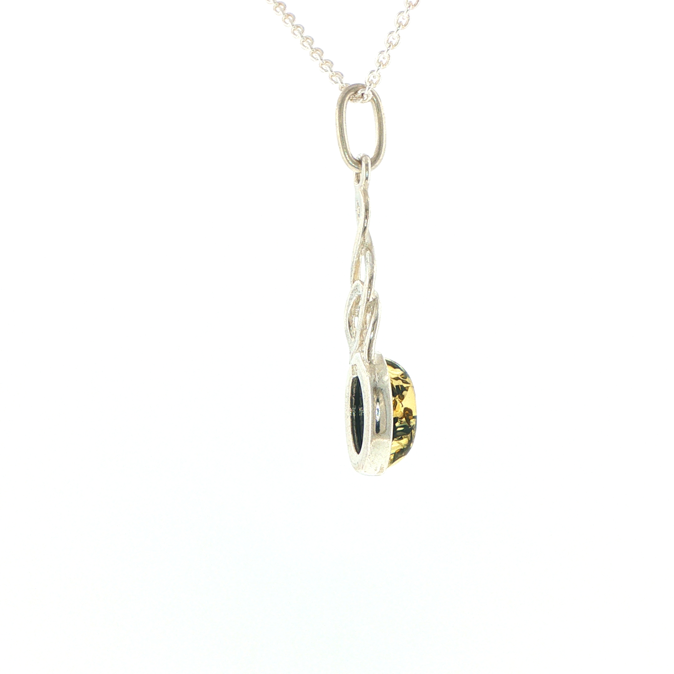 Celtic Knot Green Amber Pendant Necklace in Silver - Image 12