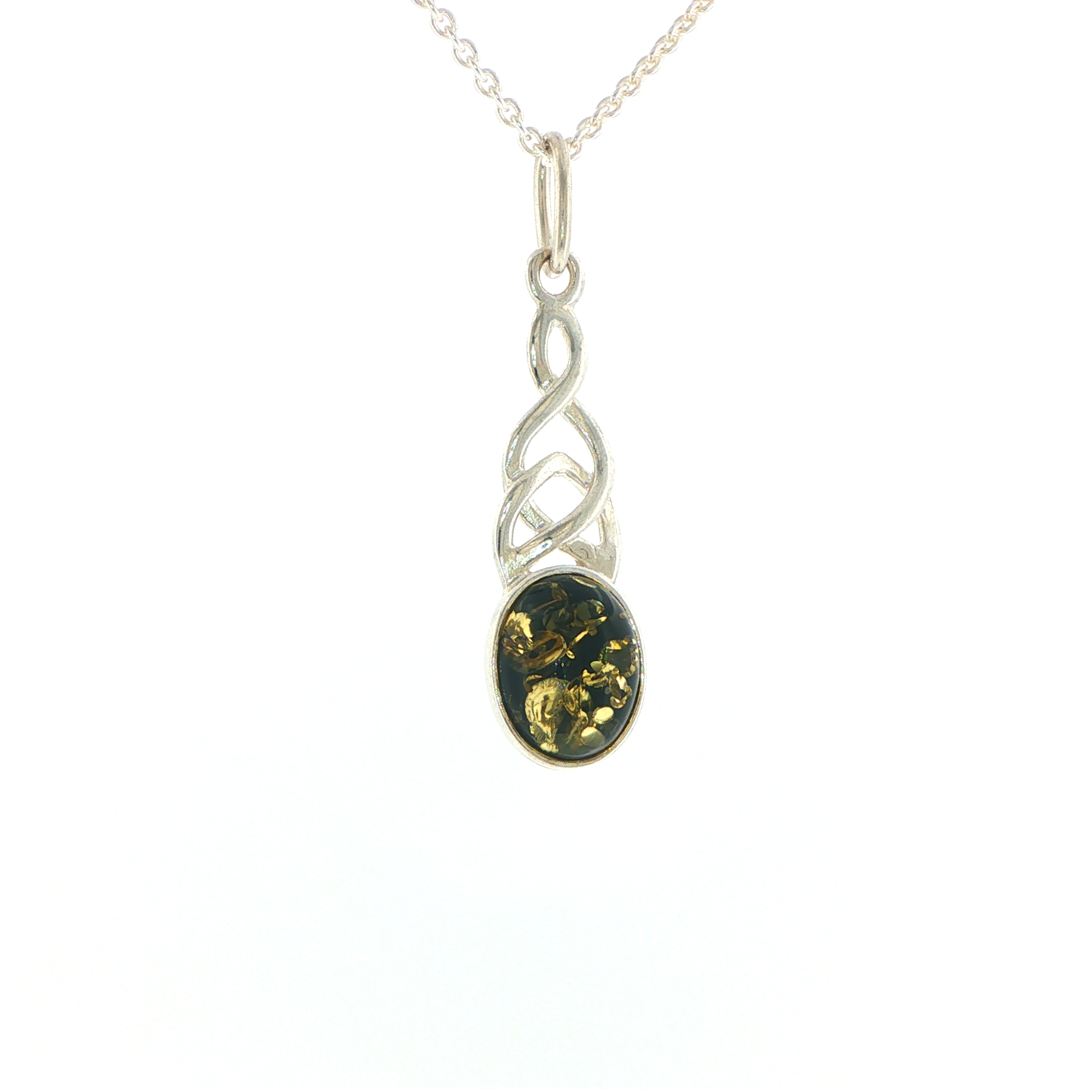 Celtic Knot Green Amber Pendant Necklace in Silver - Image 4