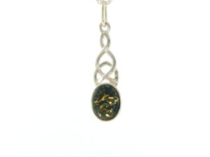 Celtic Knot Green Amber Pendant Necklace in Silver