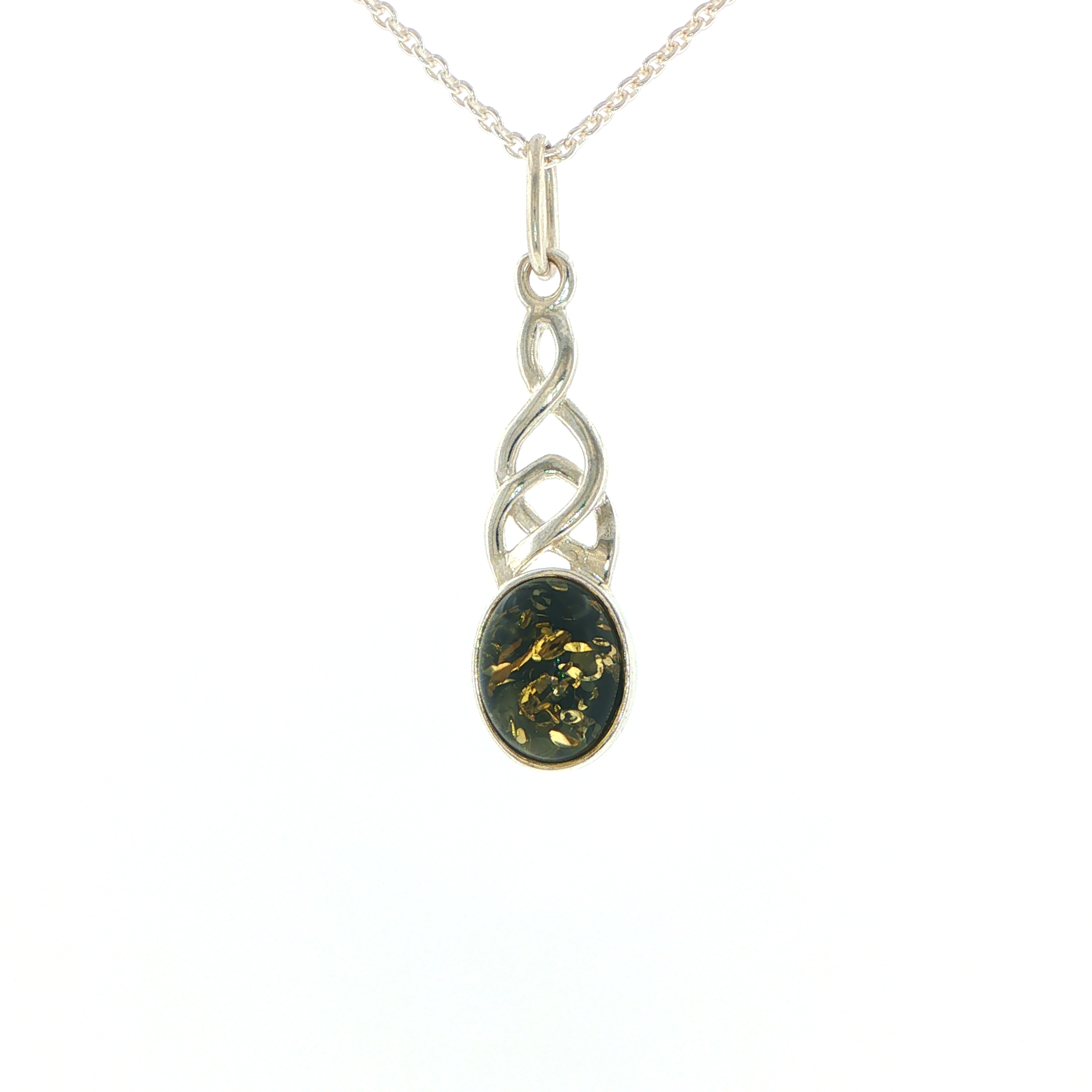Celtic Knot Green Amber Pendant Necklace in Silver