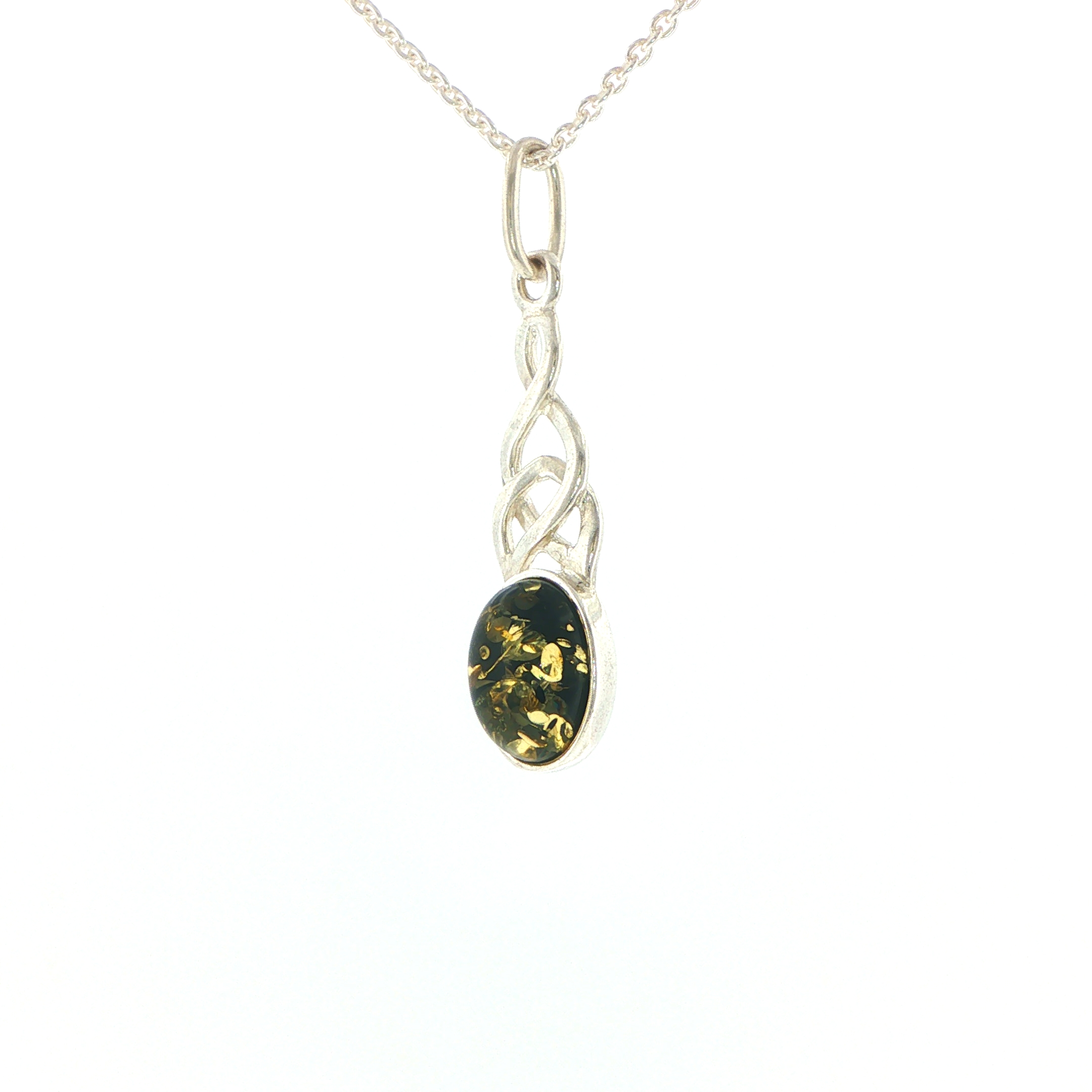 Celtic Knot Green Amber Pendant Necklace in Silver - Image 5