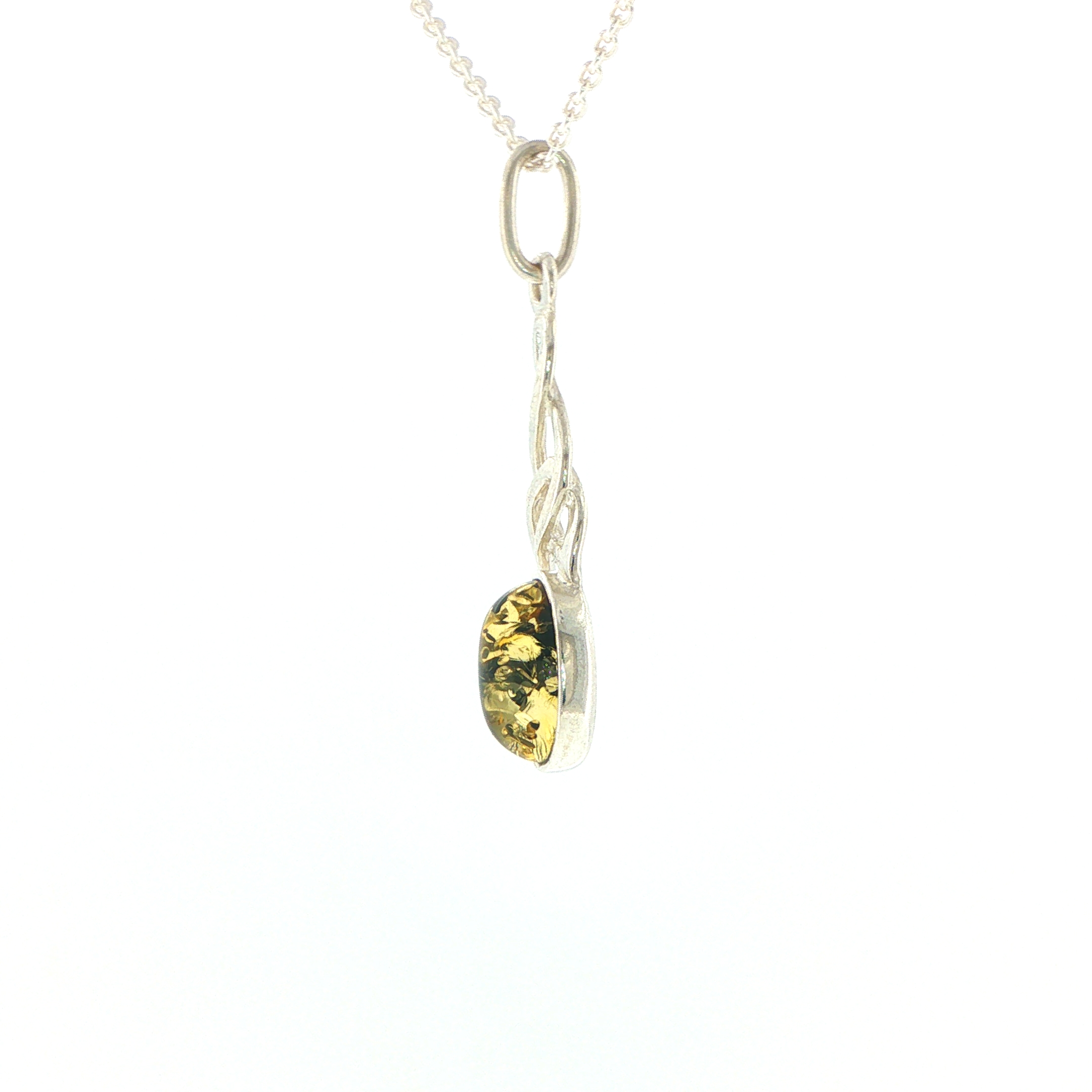 Celtic Knot Green Amber Pendant Necklace in Silver - Image 6