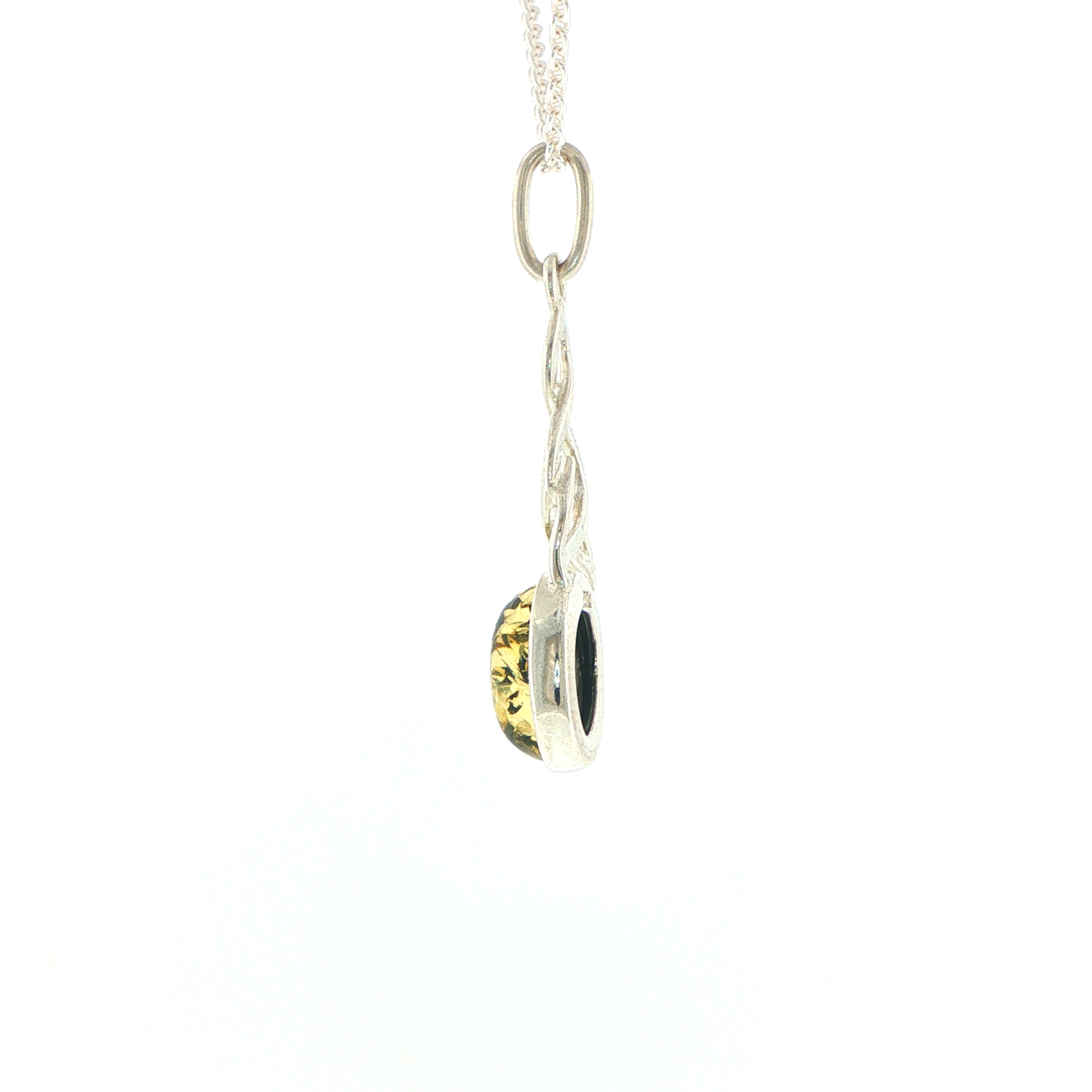 Celtic Knot Green Amber Pendant Necklace in Silver - Image 7