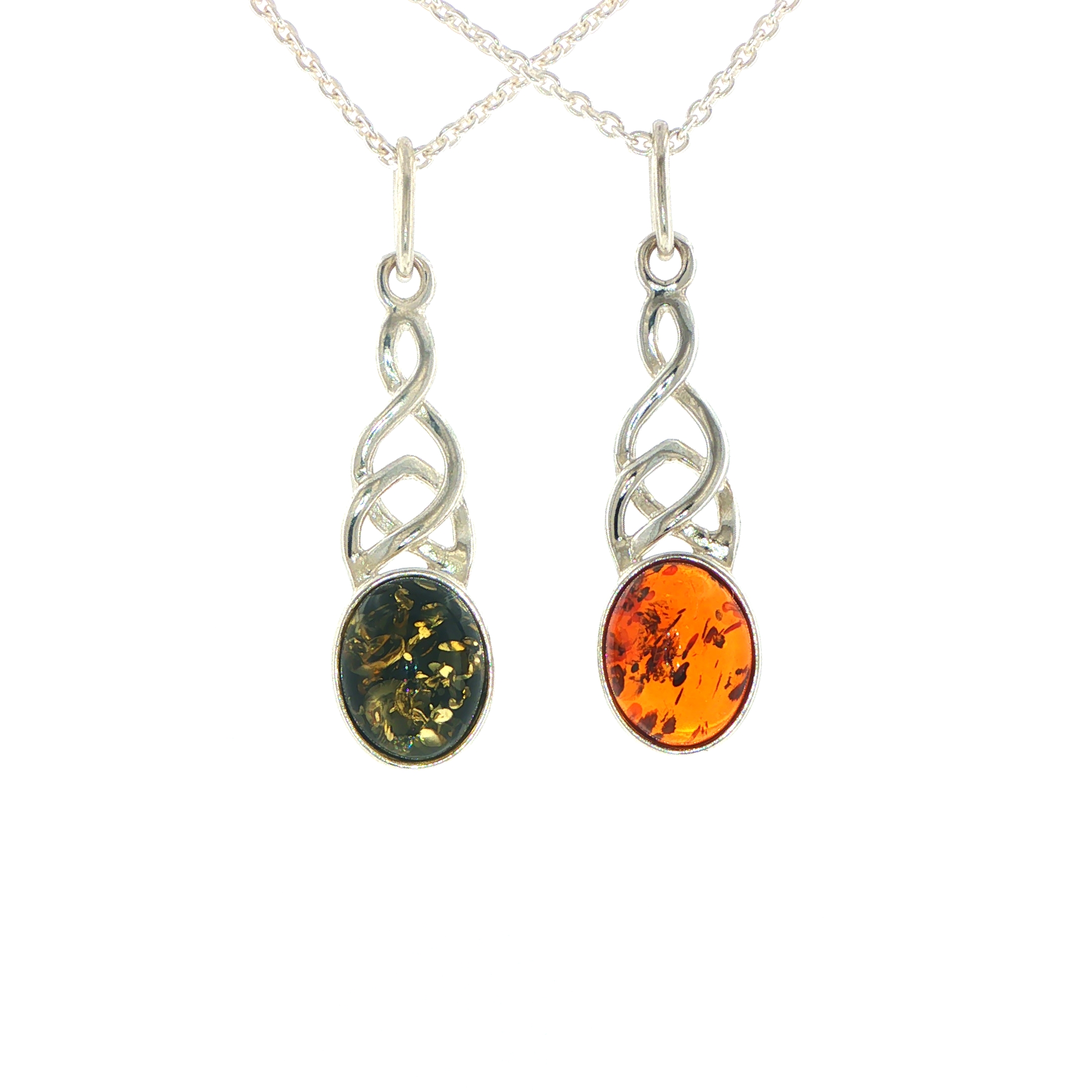 Celtic Knot Green Amber Pendant Necklace in Silver - Image 2