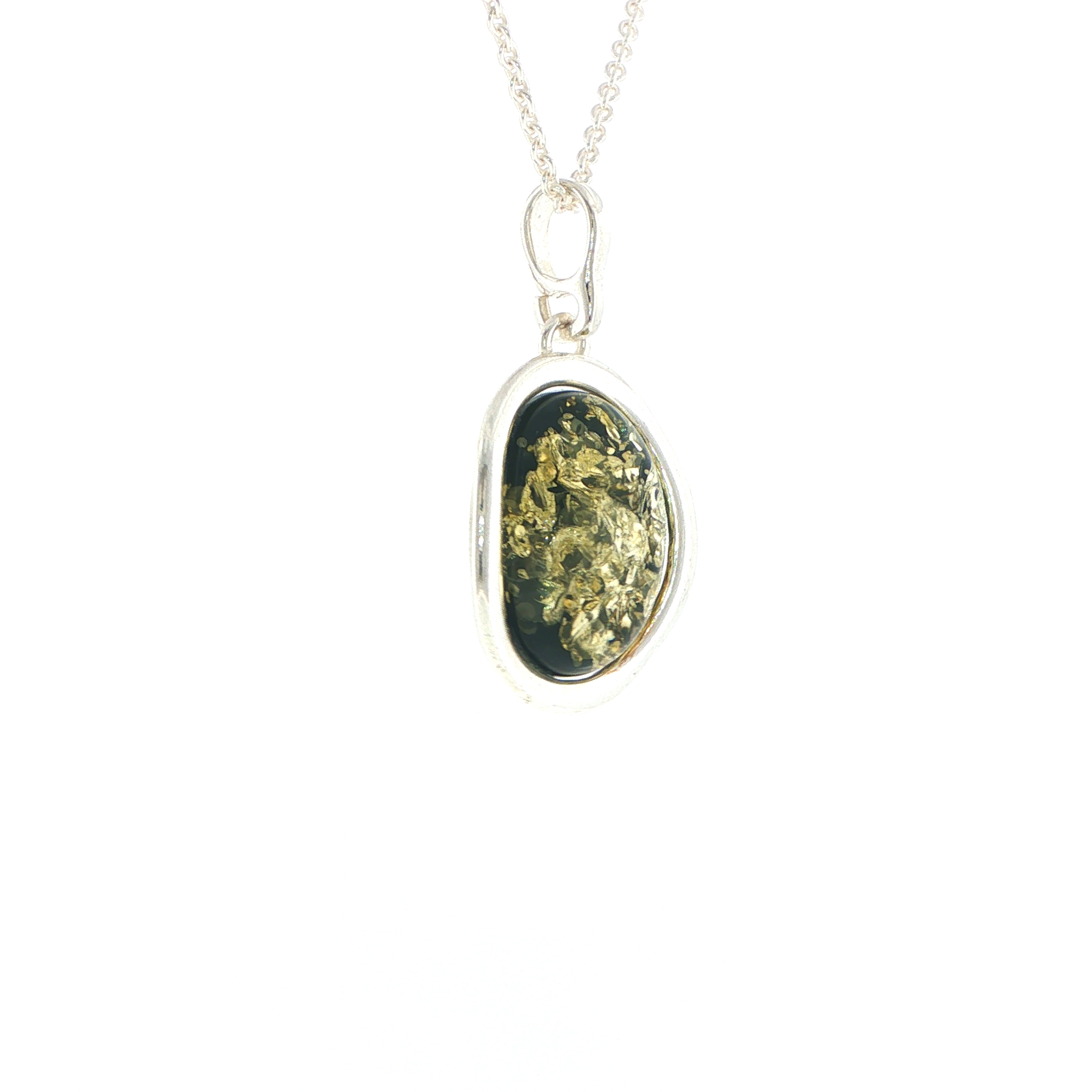 Oval Green Amber Wave Pendant Necklace in Silver Medium - Image 2