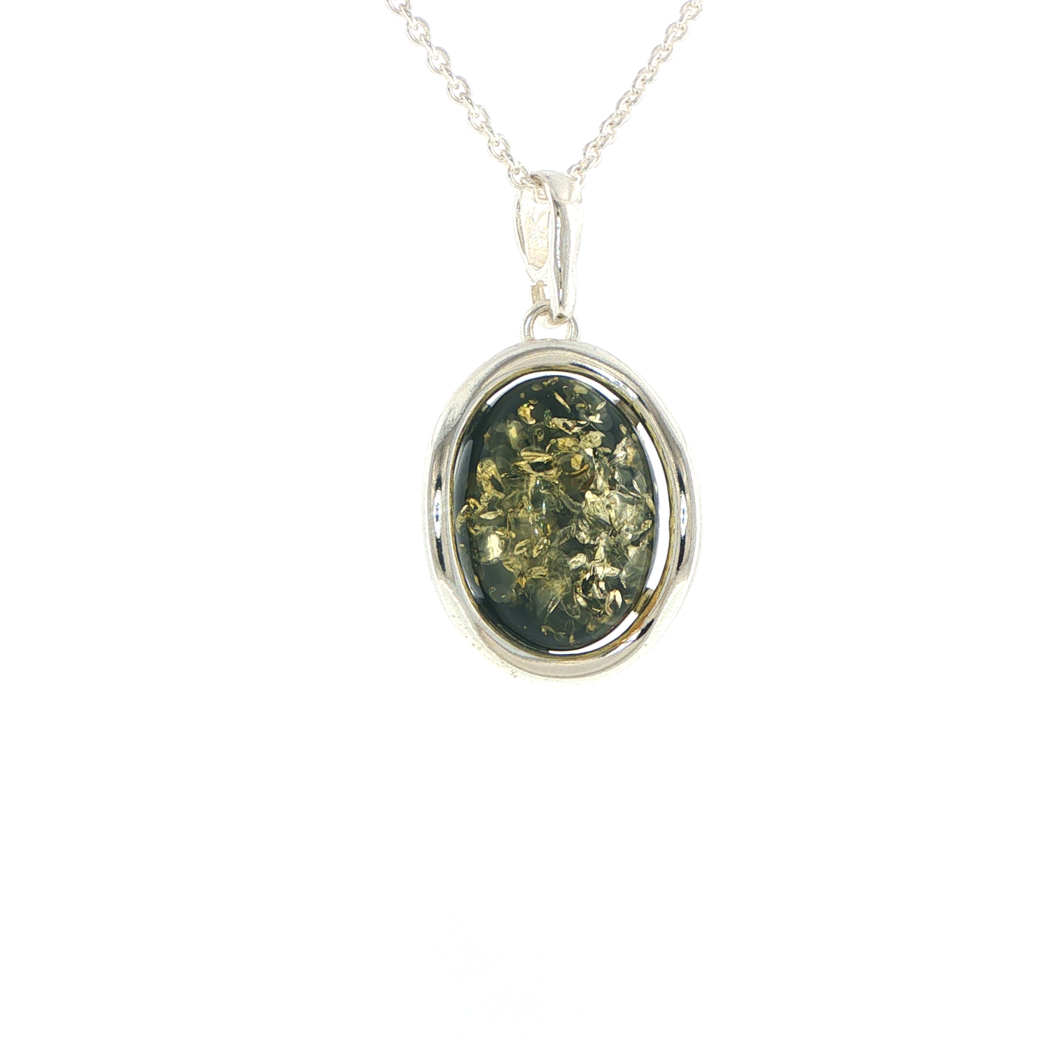 Oval Green Amber Wave Pendant Necklace in Silver Medium - Image 3