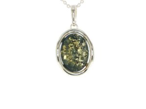Oval Green Amber Wave Pendant Necklace in Silver Medium