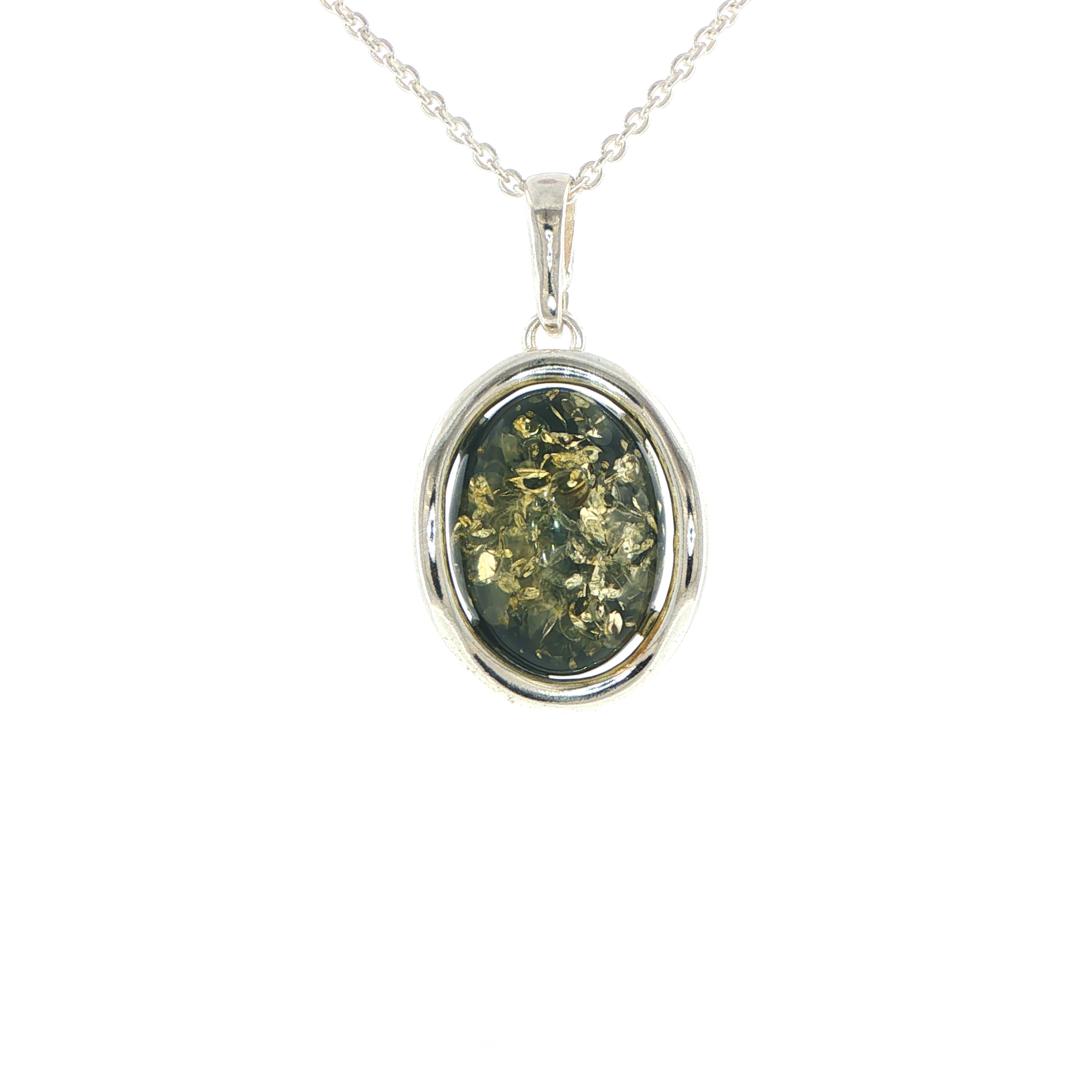 Oval Green Amber Wave Pendant Necklace in Silver Medium