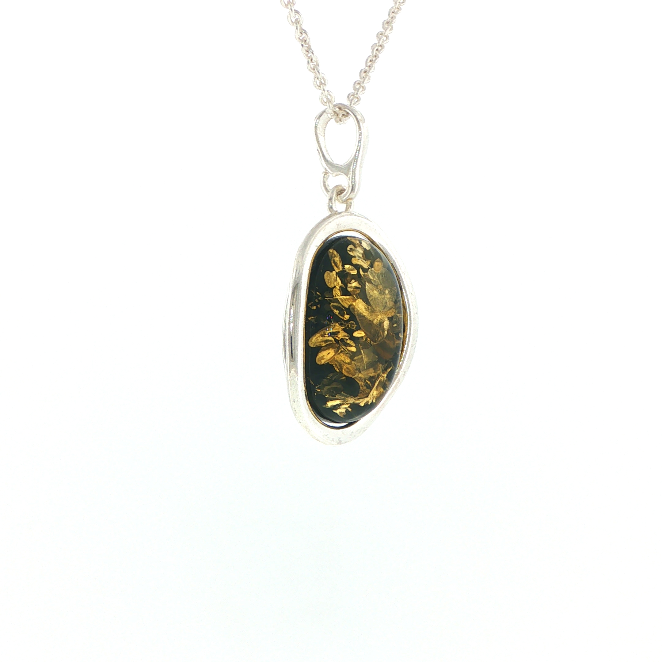 Oval Green Amber Wave Pendant Necklace in Silver Large - Image 2