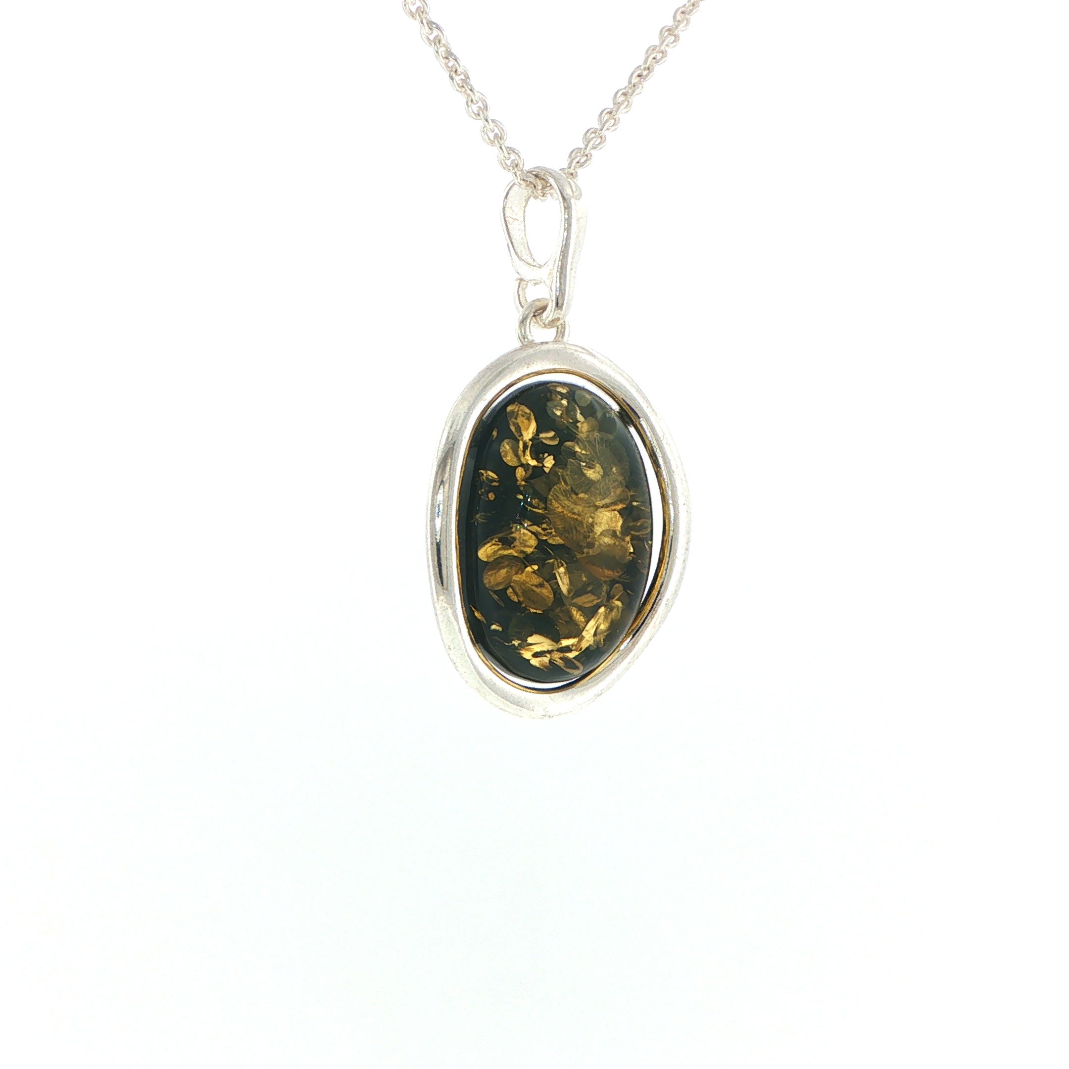 Oval Green Amber Wave Pendant Necklace in Silver Large - Image 3