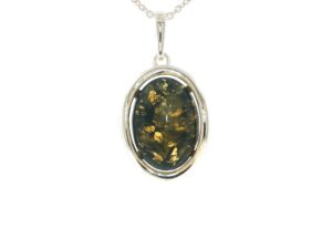 Oval Green Amber Wave Pendant Necklace in Silver Large