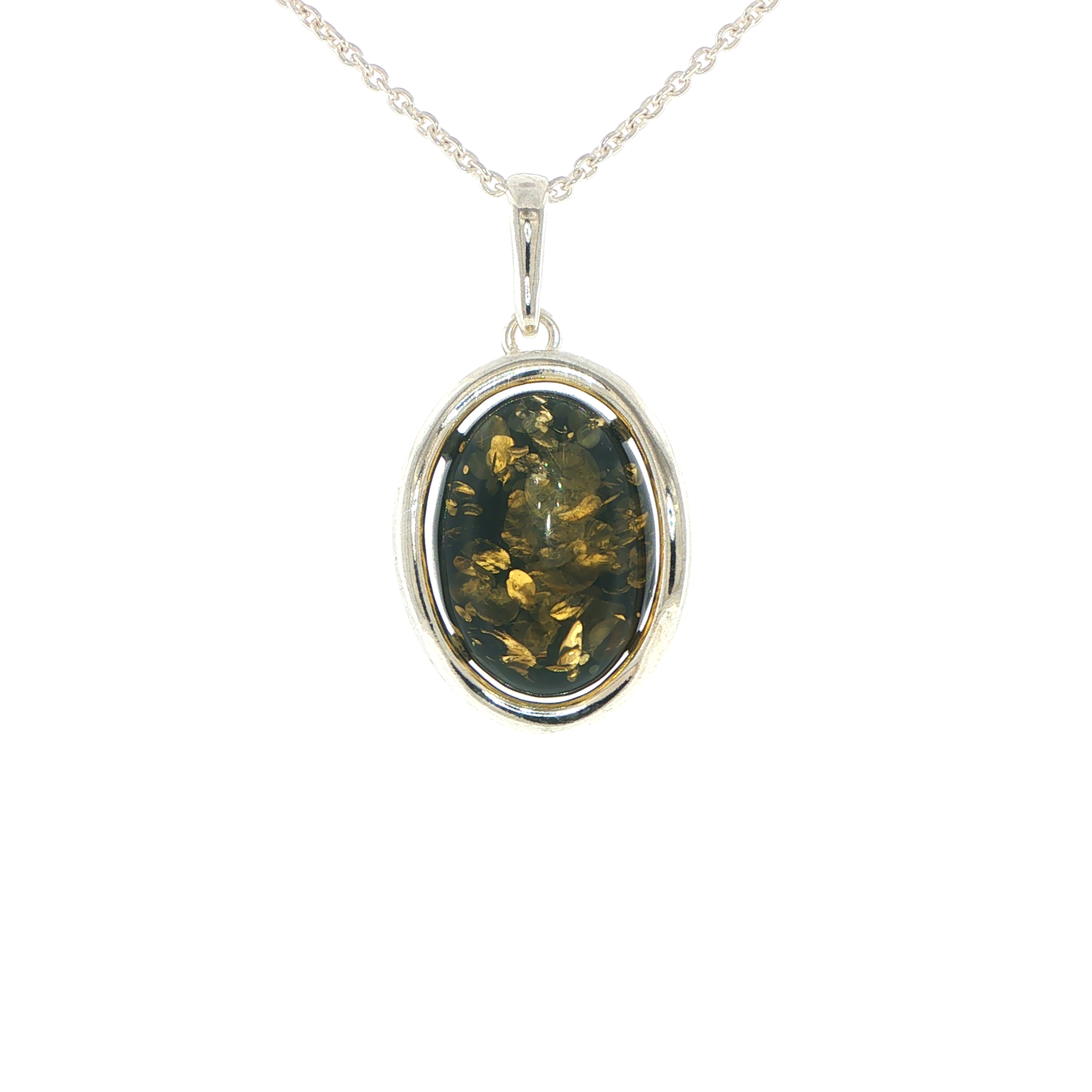 Oval Green Amber Wave Pendant Necklace in Silver Large
