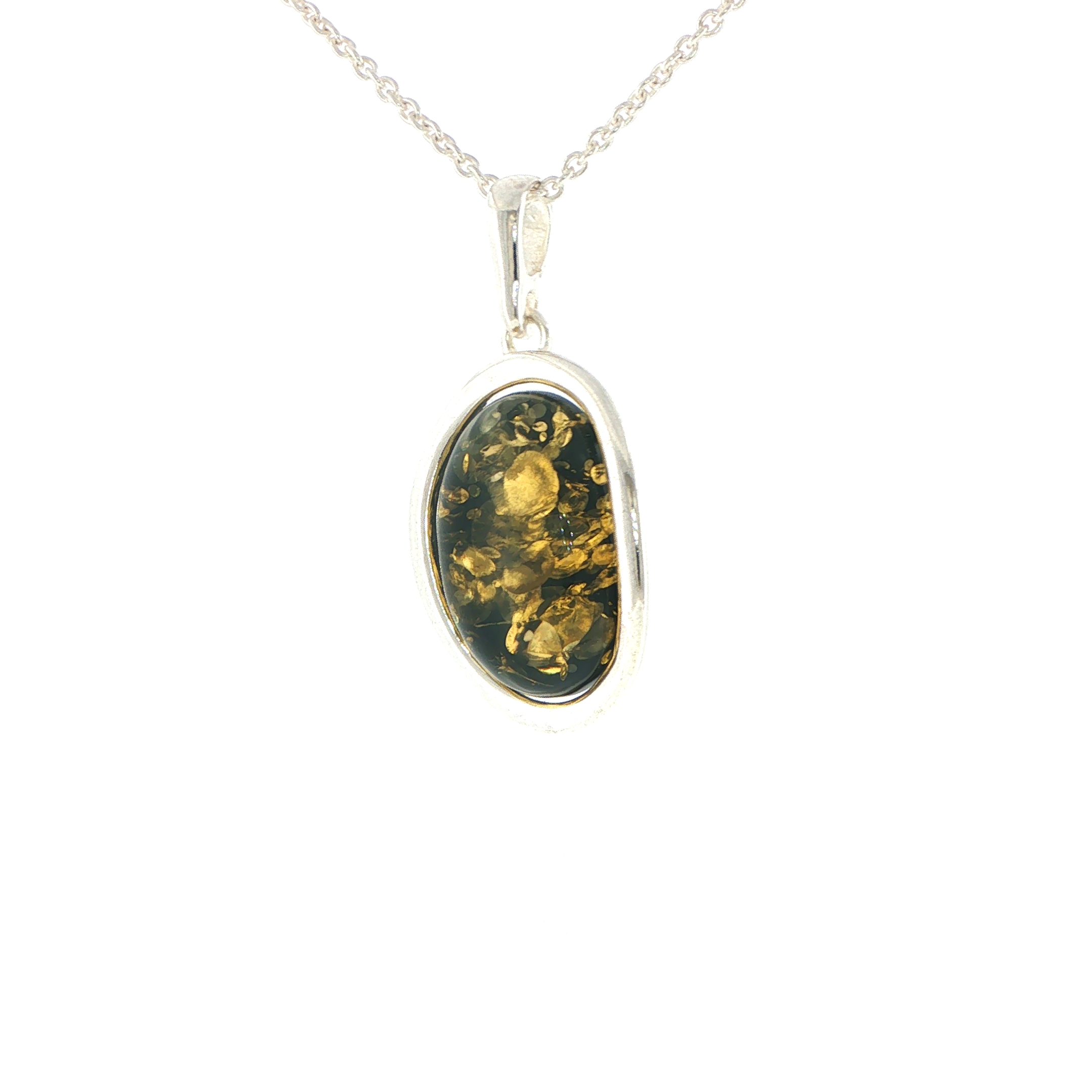 Oval Green Amber Wave Pendant Necklace in Silver Large - Image 4