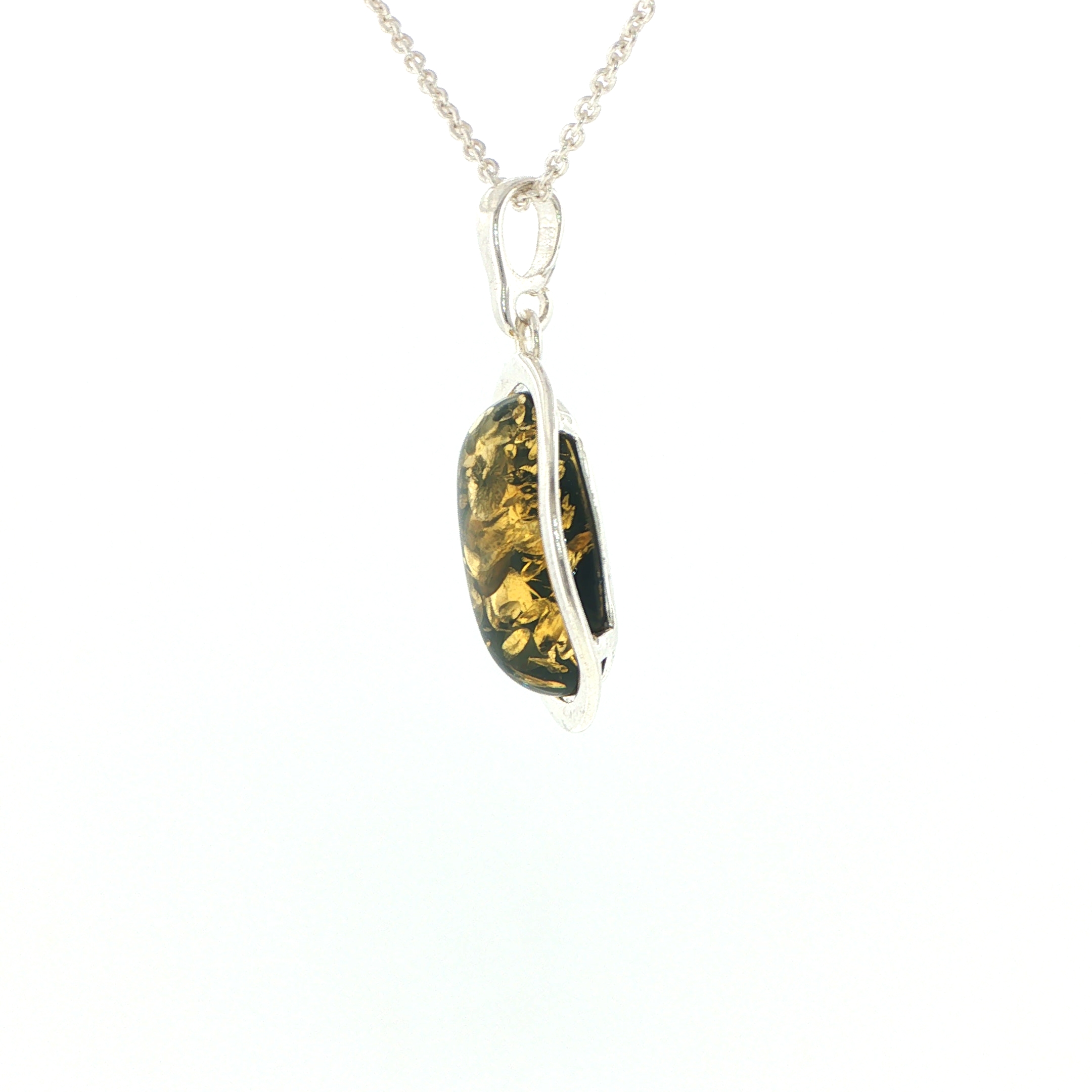 Oval Green Amber Wave Pendant Necklace in Silver Large - Image 5