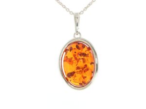 Oval Orange Amber Wave Pendant Necklace in Silver Large