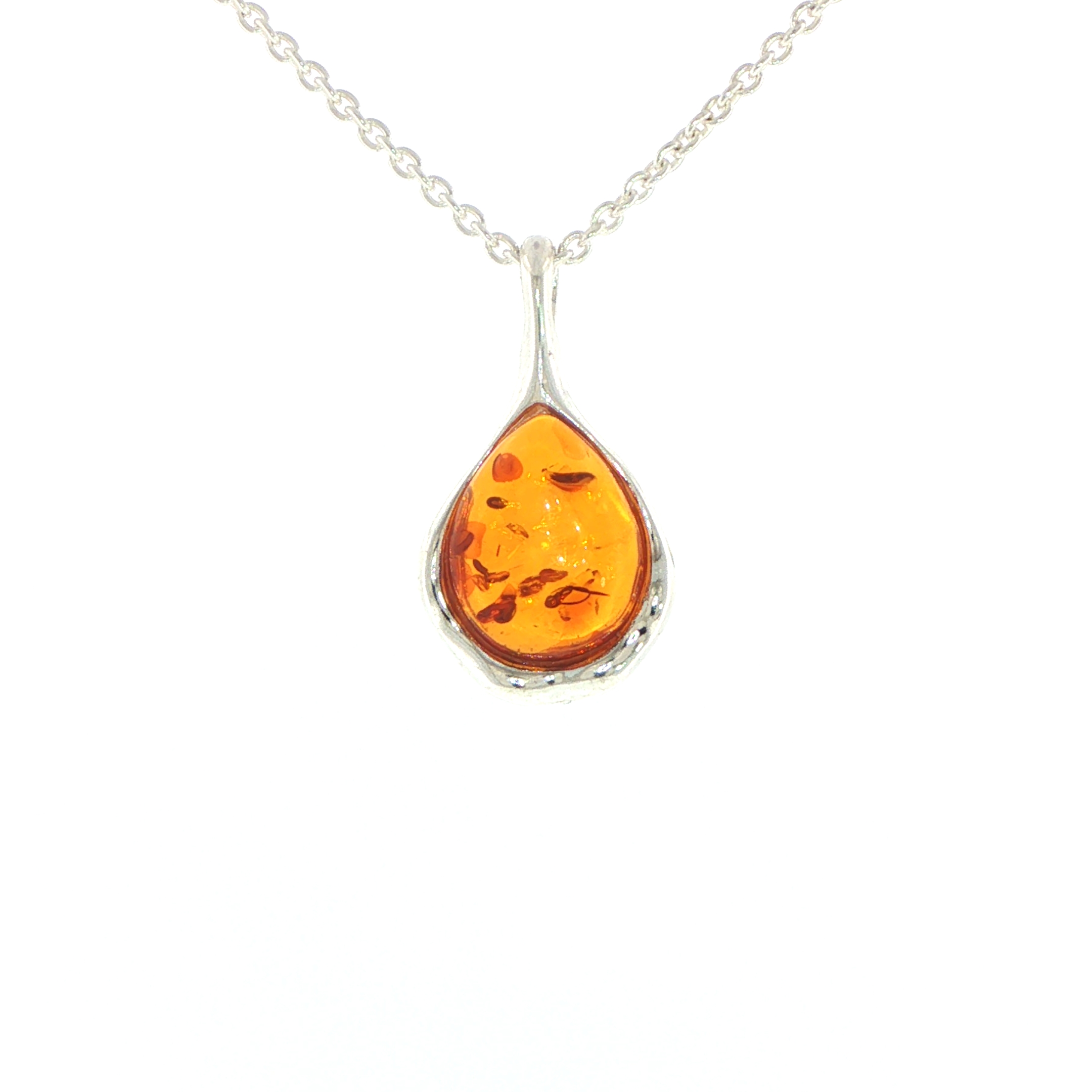 Pear Amber Pendant Necklace with Wave Setting in Silver