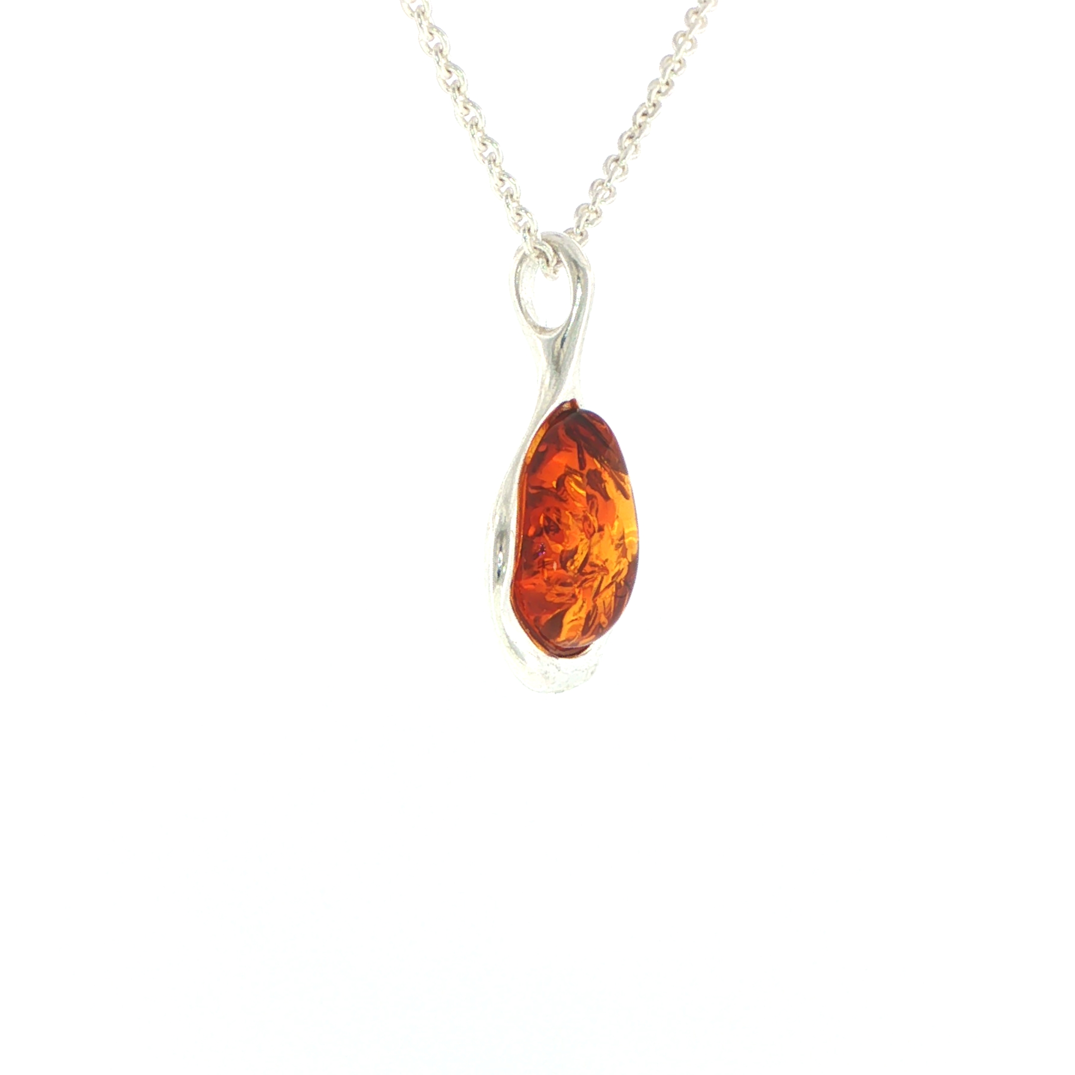 Pear Amber Pendant Necklace with Wave Setting in Silver - Image 2