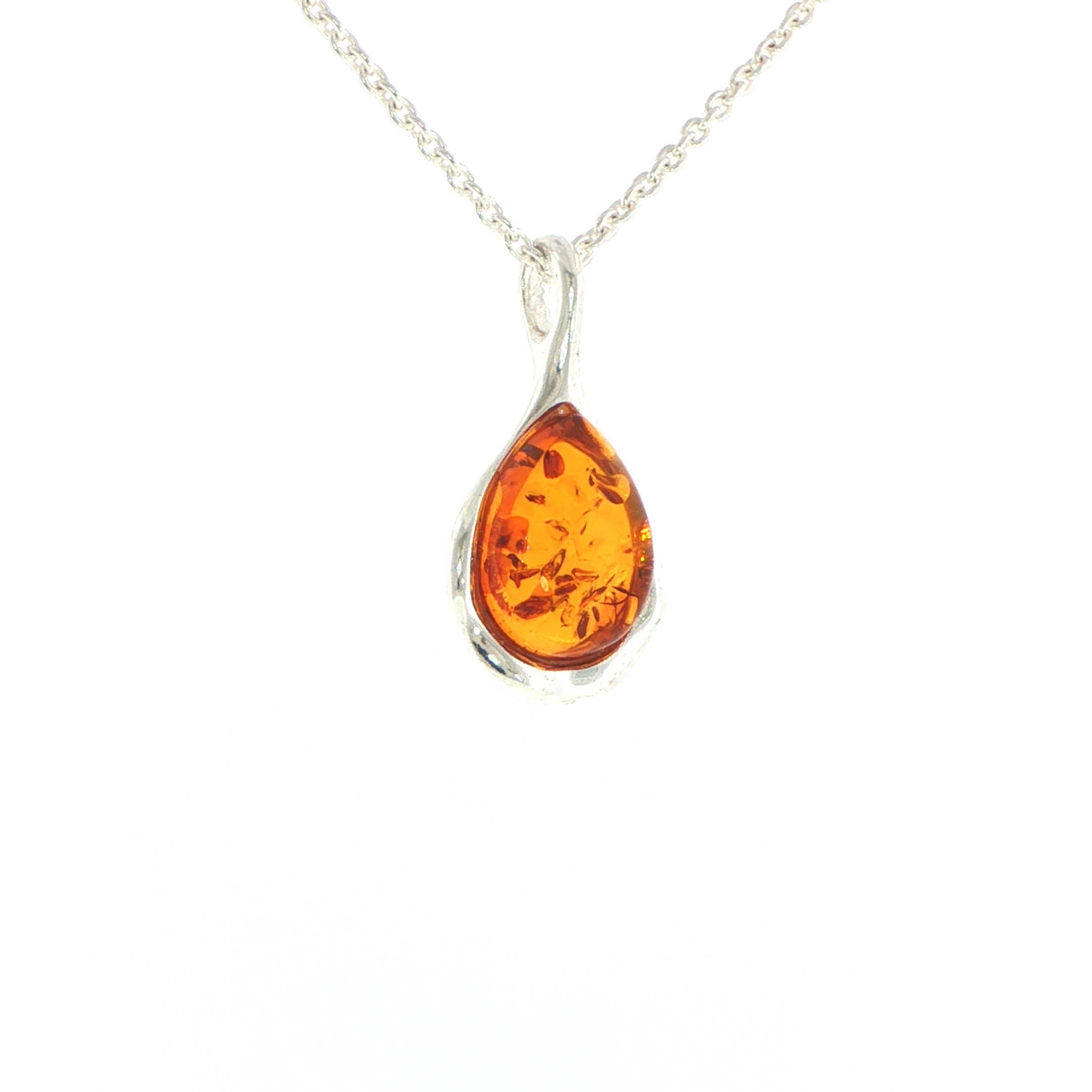Pear Amber Pendant Necklace with Wave Setting in Silver - Image 3