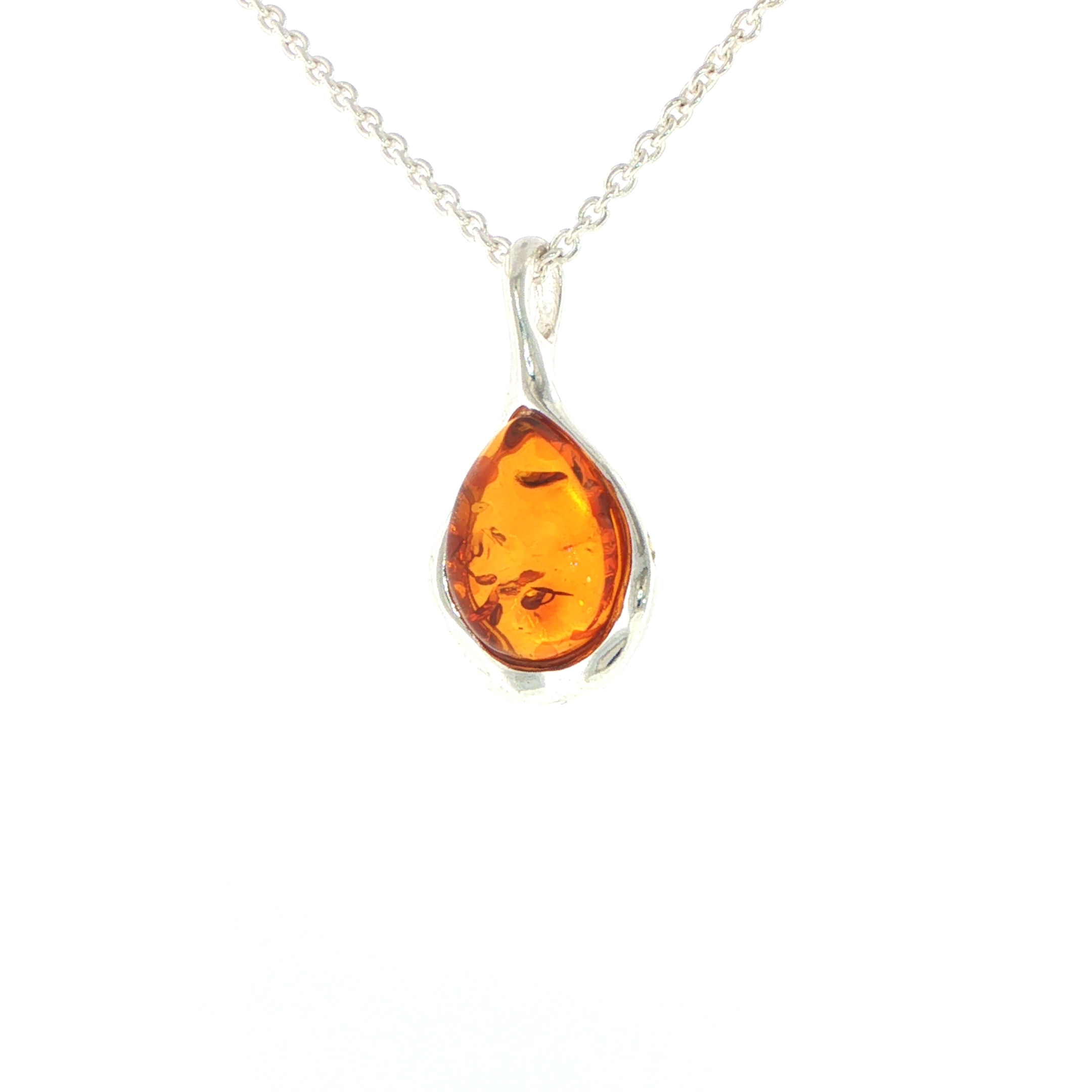Pear Amber Pendant Necklace with Wave Setting in Silver - Image 4