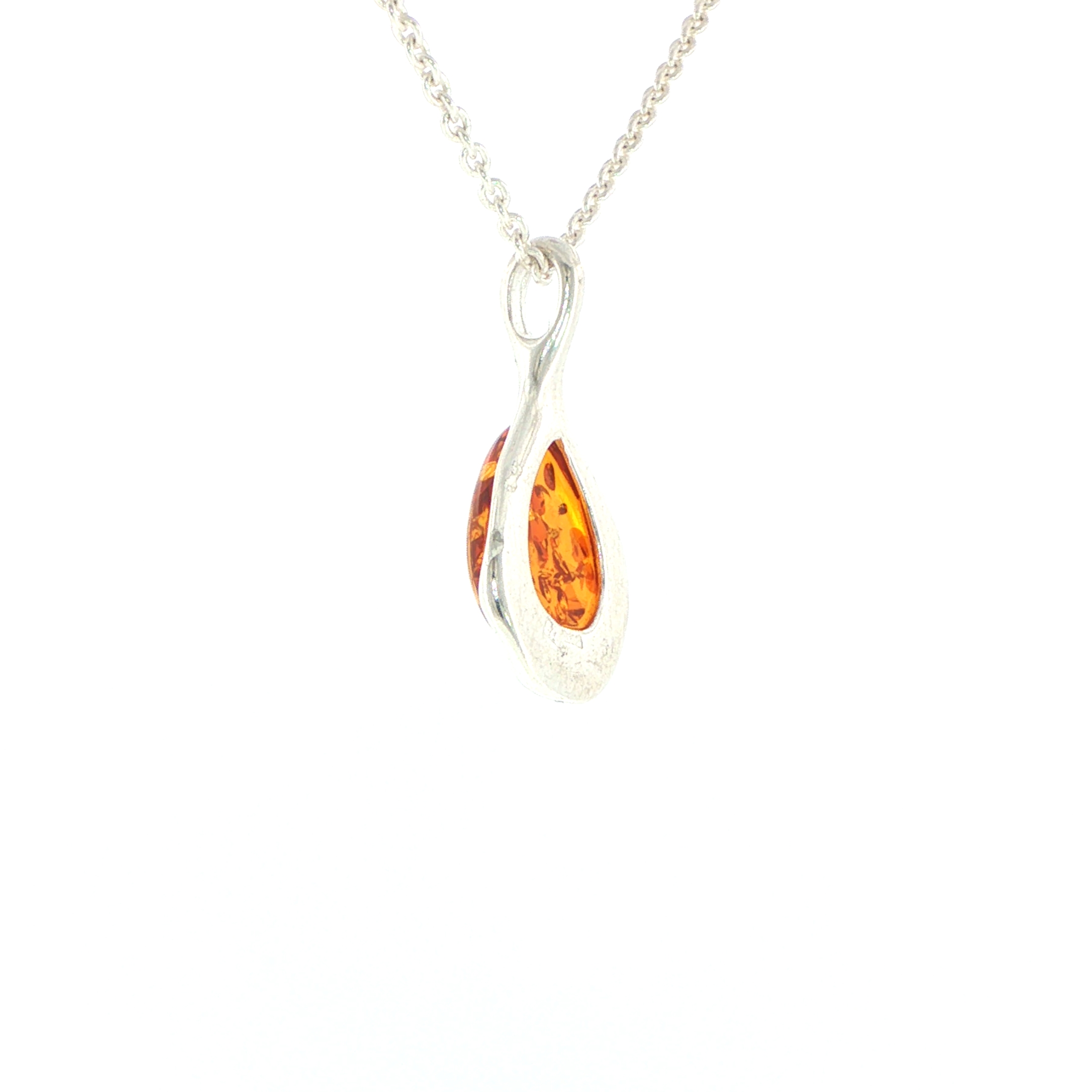 Pear Amber Pendant Necklace with Wave Setting in Silver - Image 7