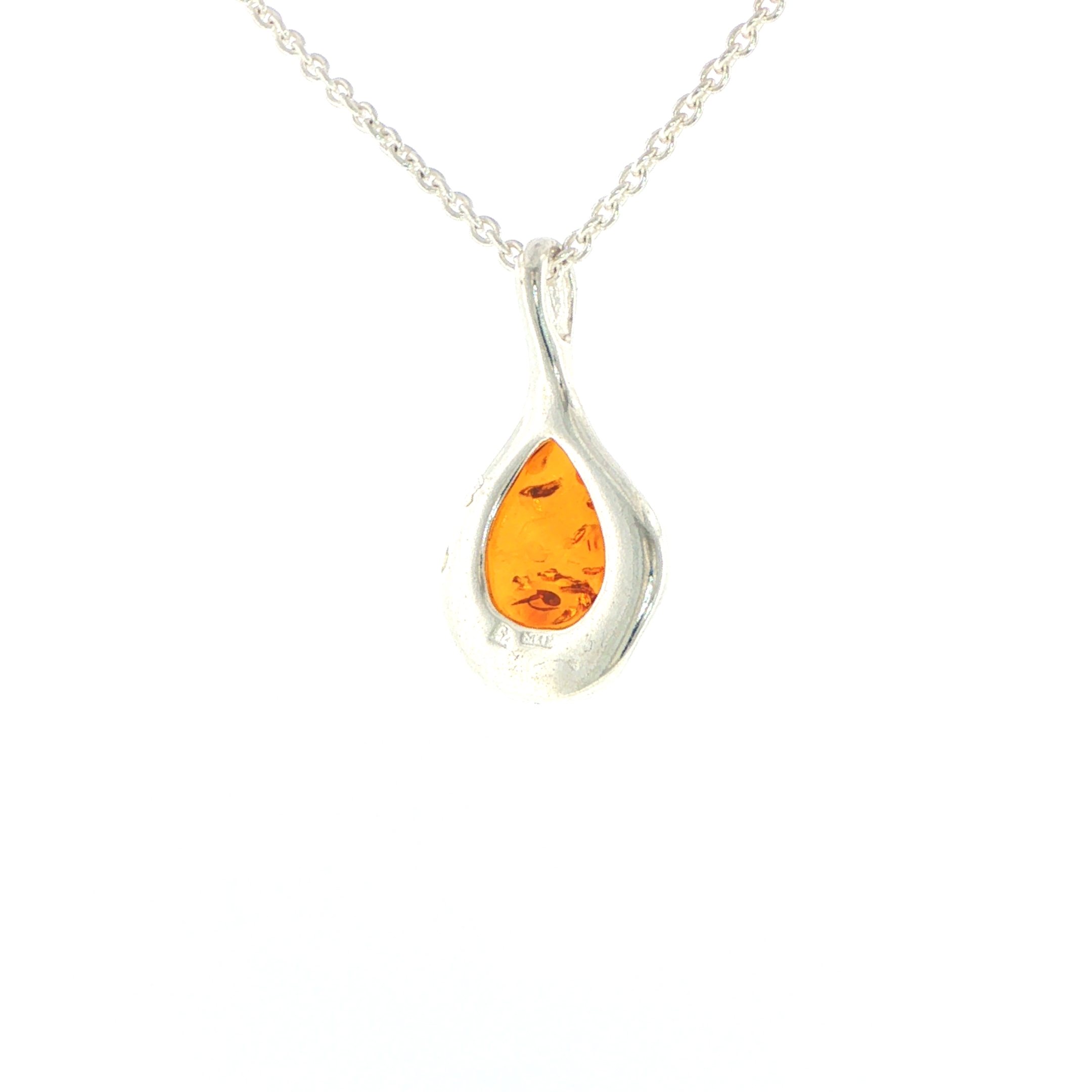 Pear Amber Pendant Necklace with Wave Setting in Silver - Image 10