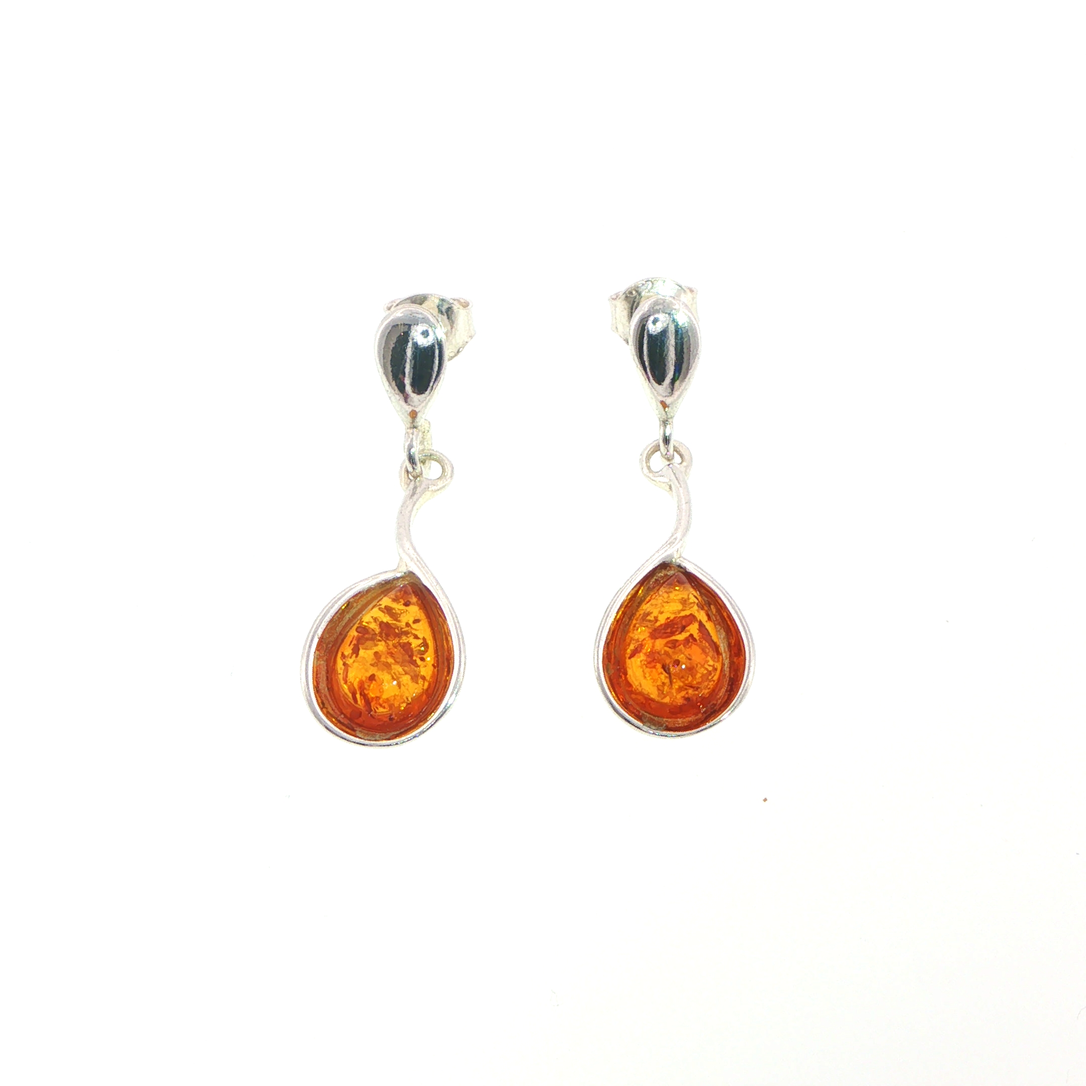 Stud Drop Amber Earrings in Silver Bezel Settings