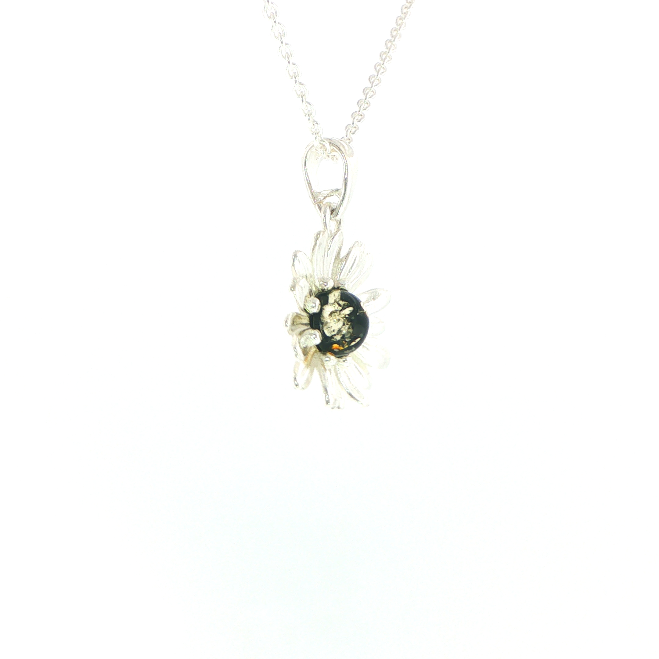 Daisy Charm Necklace with Green Amber Centre in Silver - Image 2