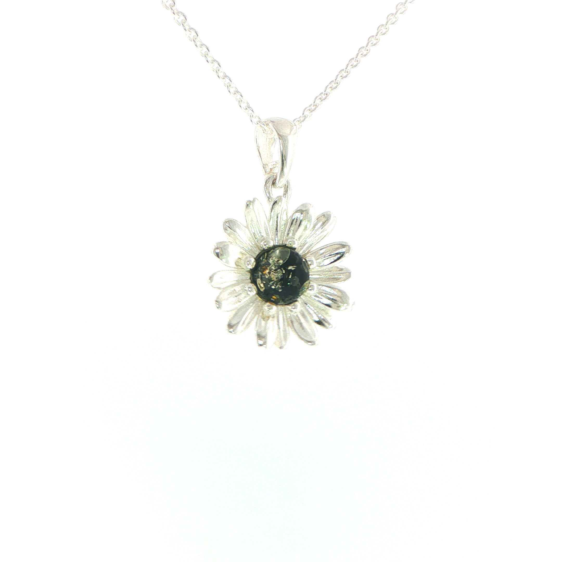 Daisy Charm Necklace with Green Amber Centre in Silver - Image 3