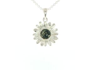 Daisy Charm Necklace with Green Amber Centre in Silver