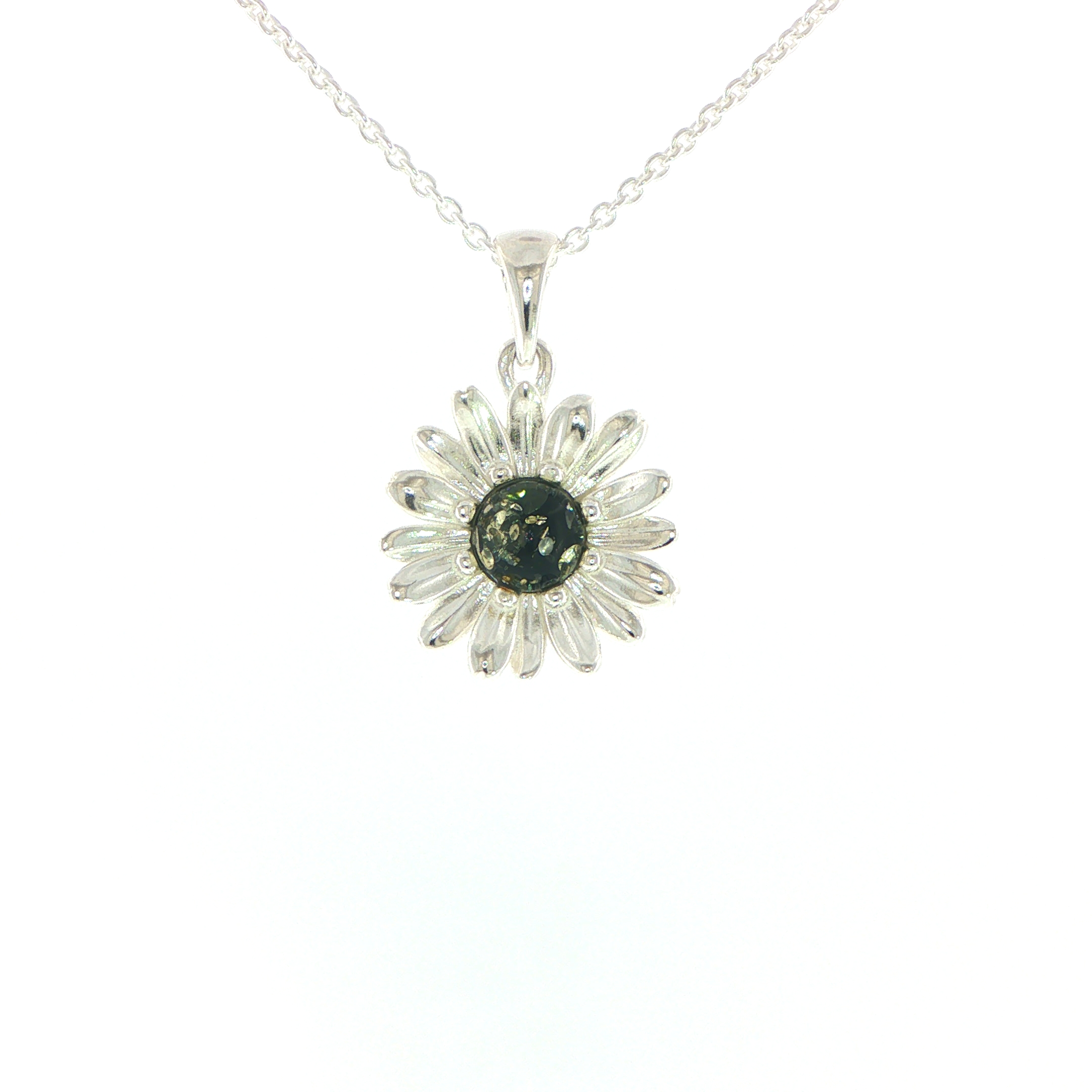 Daisy Charm Necklace with Green Amber Centre in Silver
