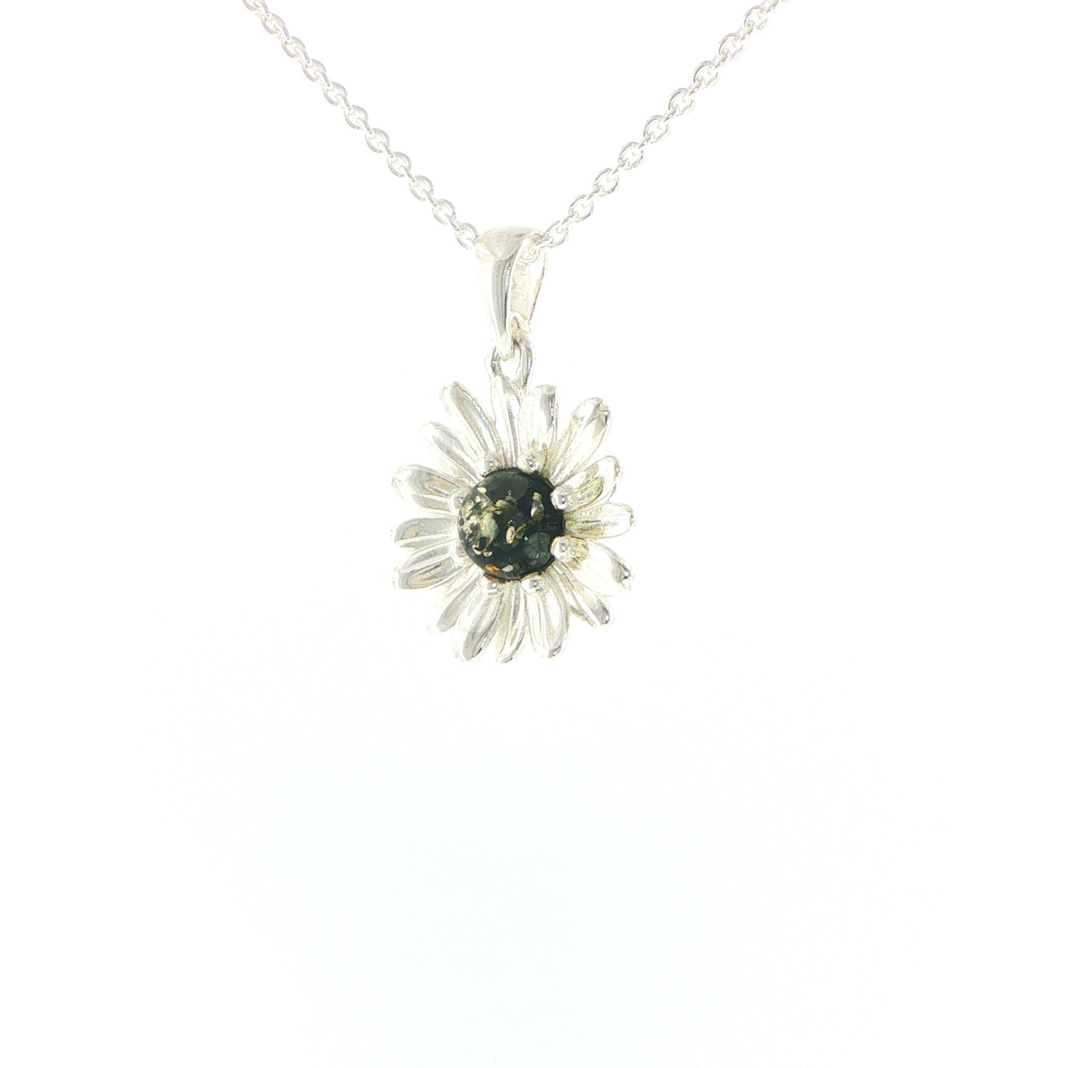 Daisy Charm Necklace with Green Amber Centre in Silver - Image 4