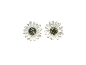 Daisy Stud Earrings with Green Amber Centre in Silver