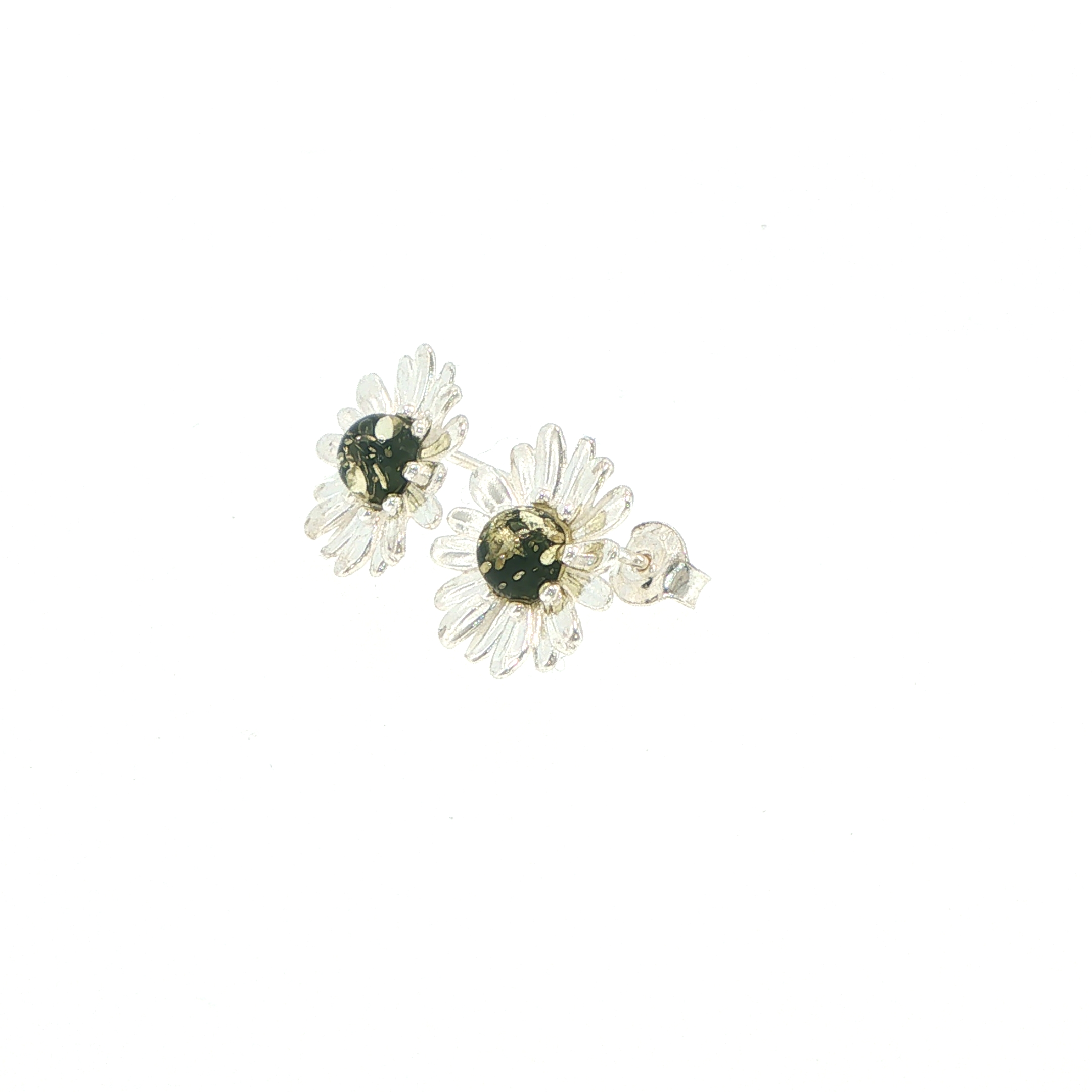 Daisy Stud Earrings with Green Amber Centre in Silver - Image 6