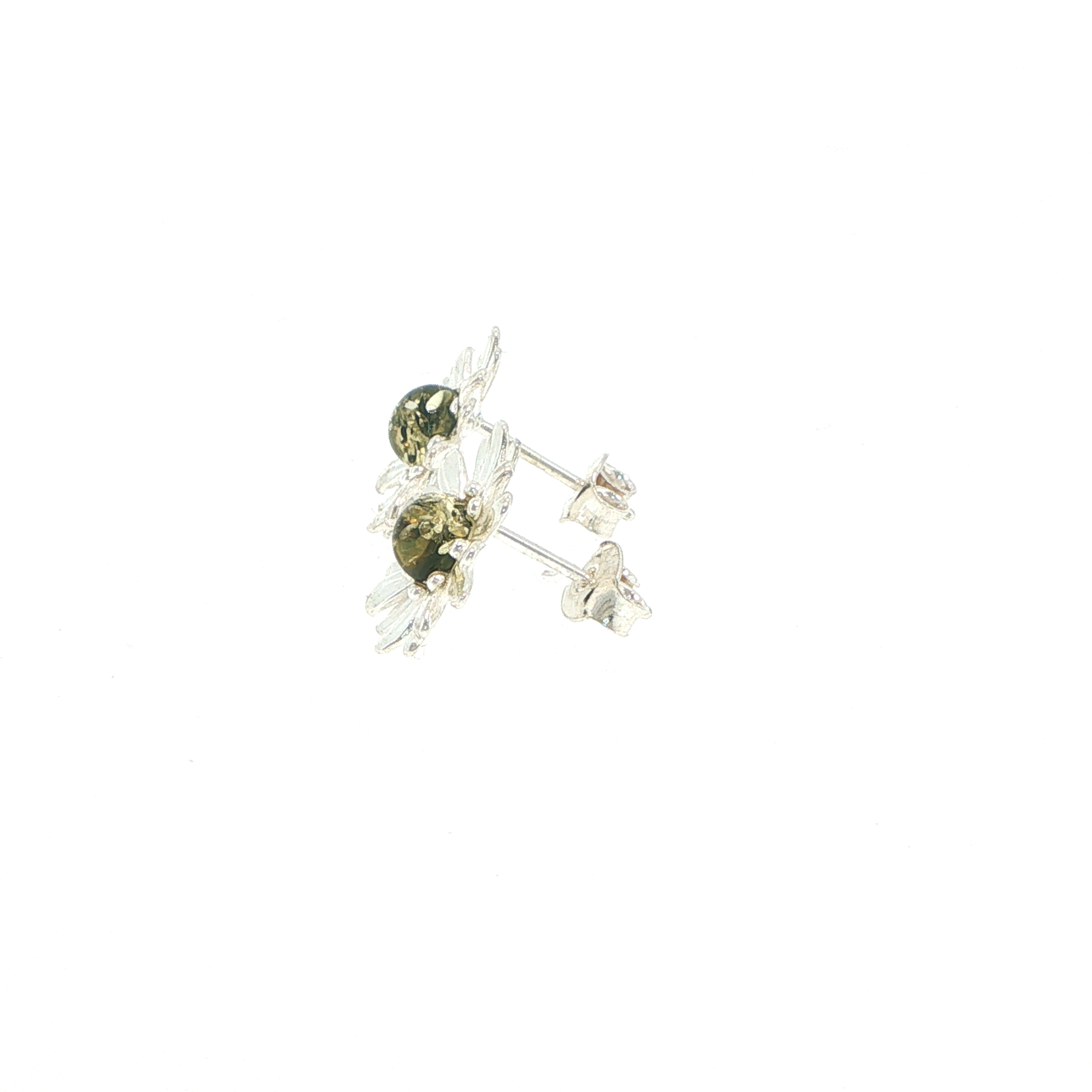 Daisy Stud Earrings with Green Amber Centre in Silver - Image 7