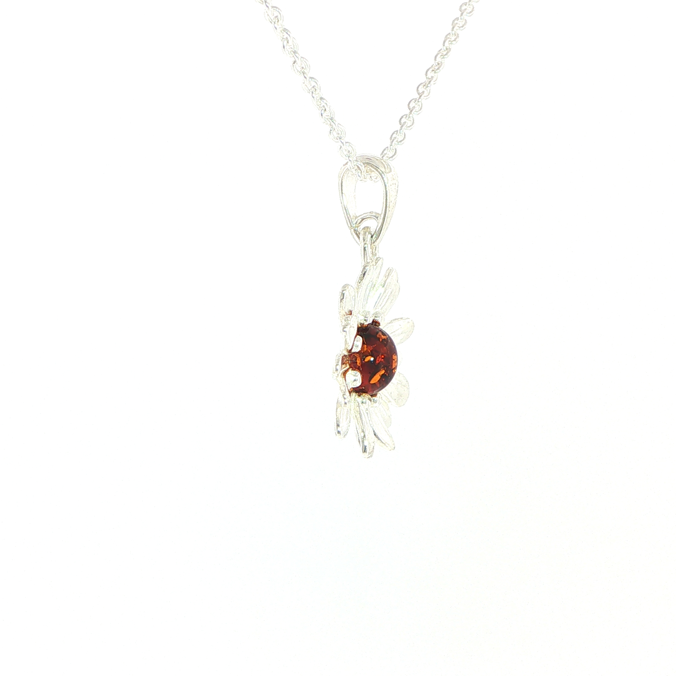 Daisy Charm Necklace with Orange Amber Centre in Silver - Image 2