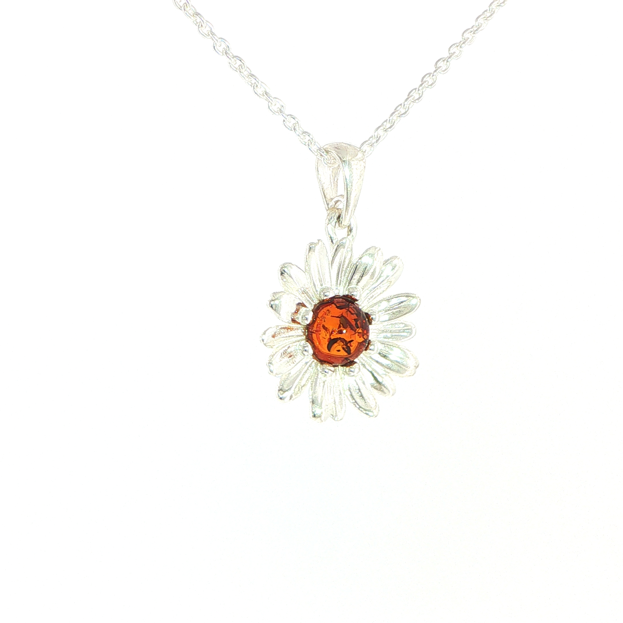 Daisy Charm Necklace with Orange Amber Centre in Silver - Image 3