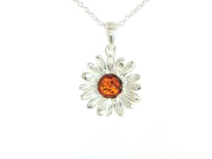 Daisy Charm Necklace with Orange Amber Centre in Silver