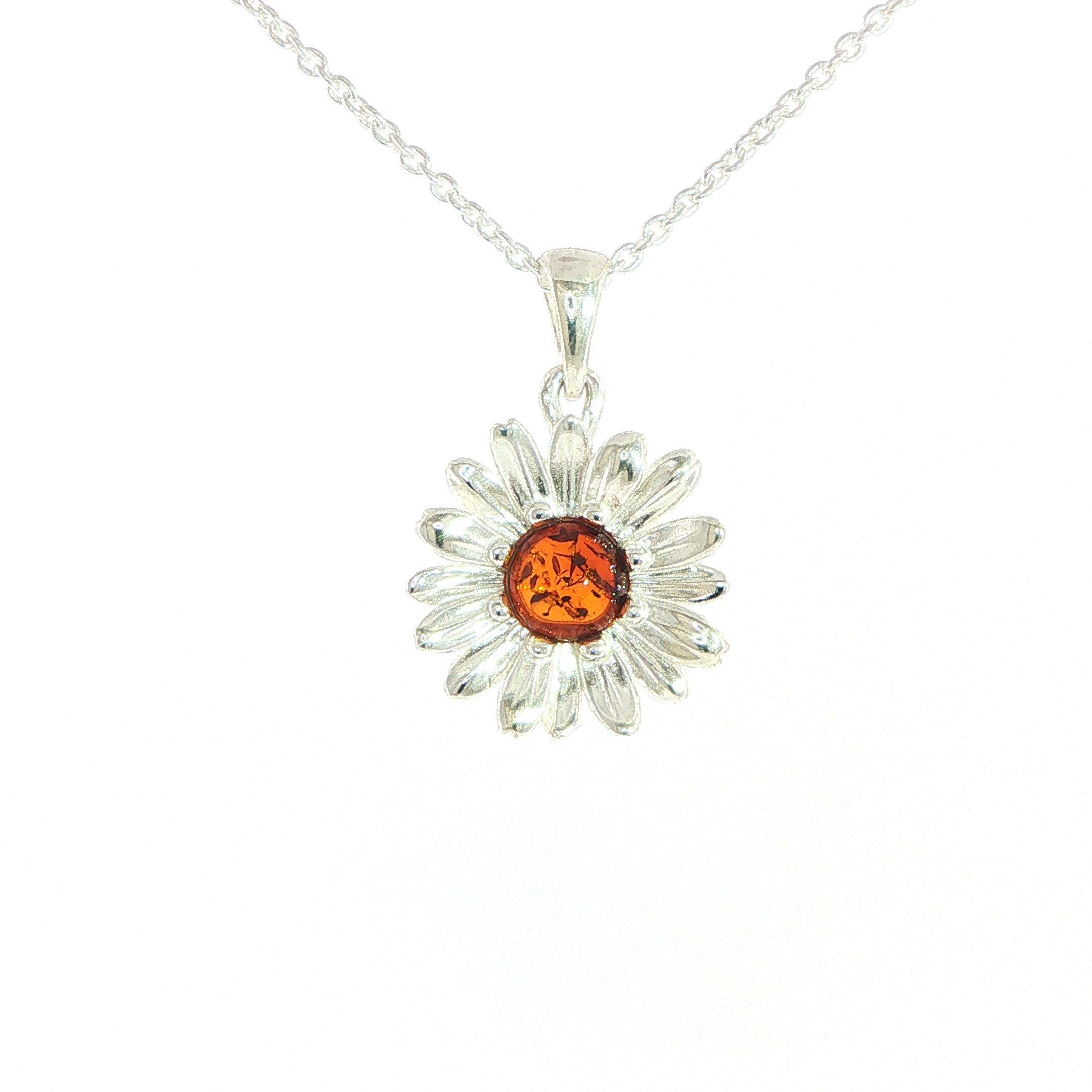 Daisy Charm Necklace with Orange Amber Centre in Silver