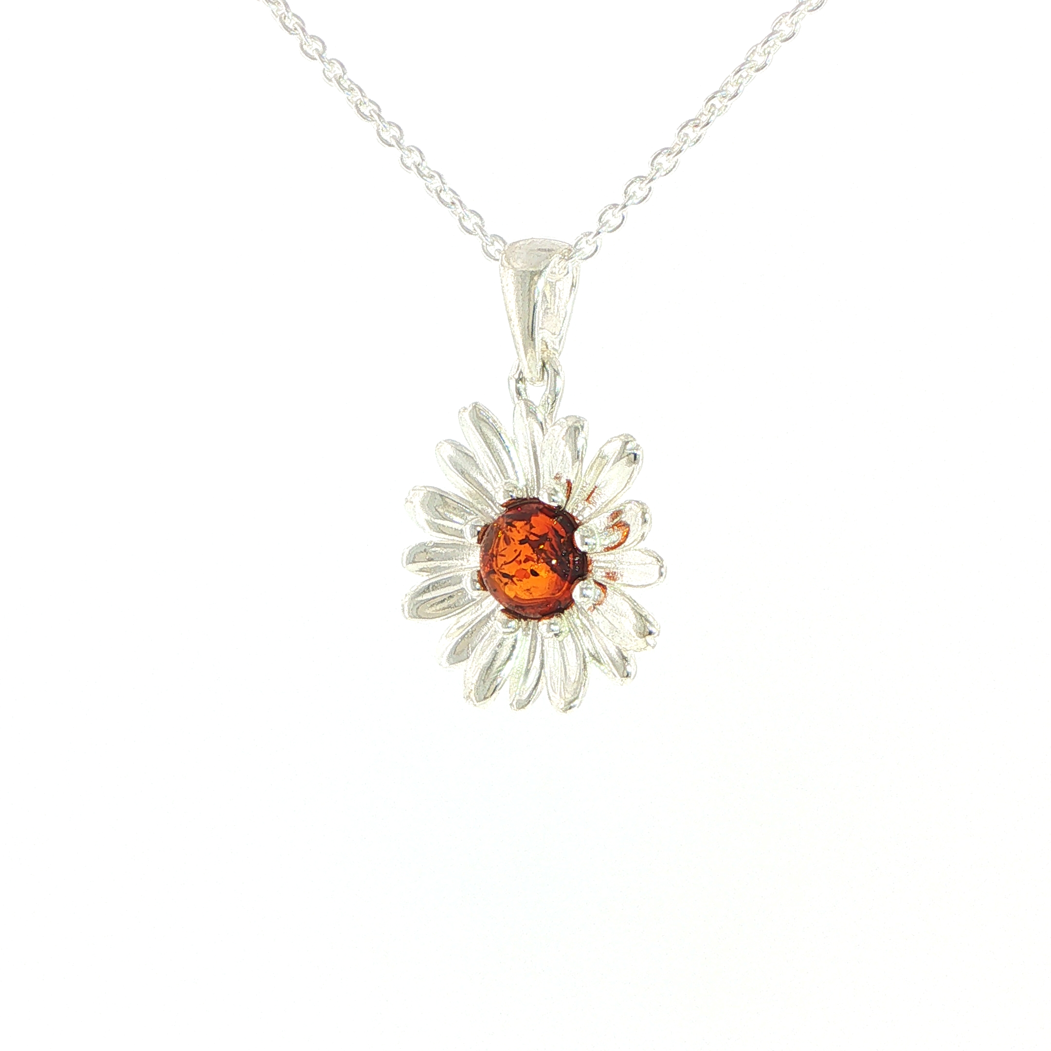 Daisy Charm Necklace with Orange Amber Centre in Silver - Image 4