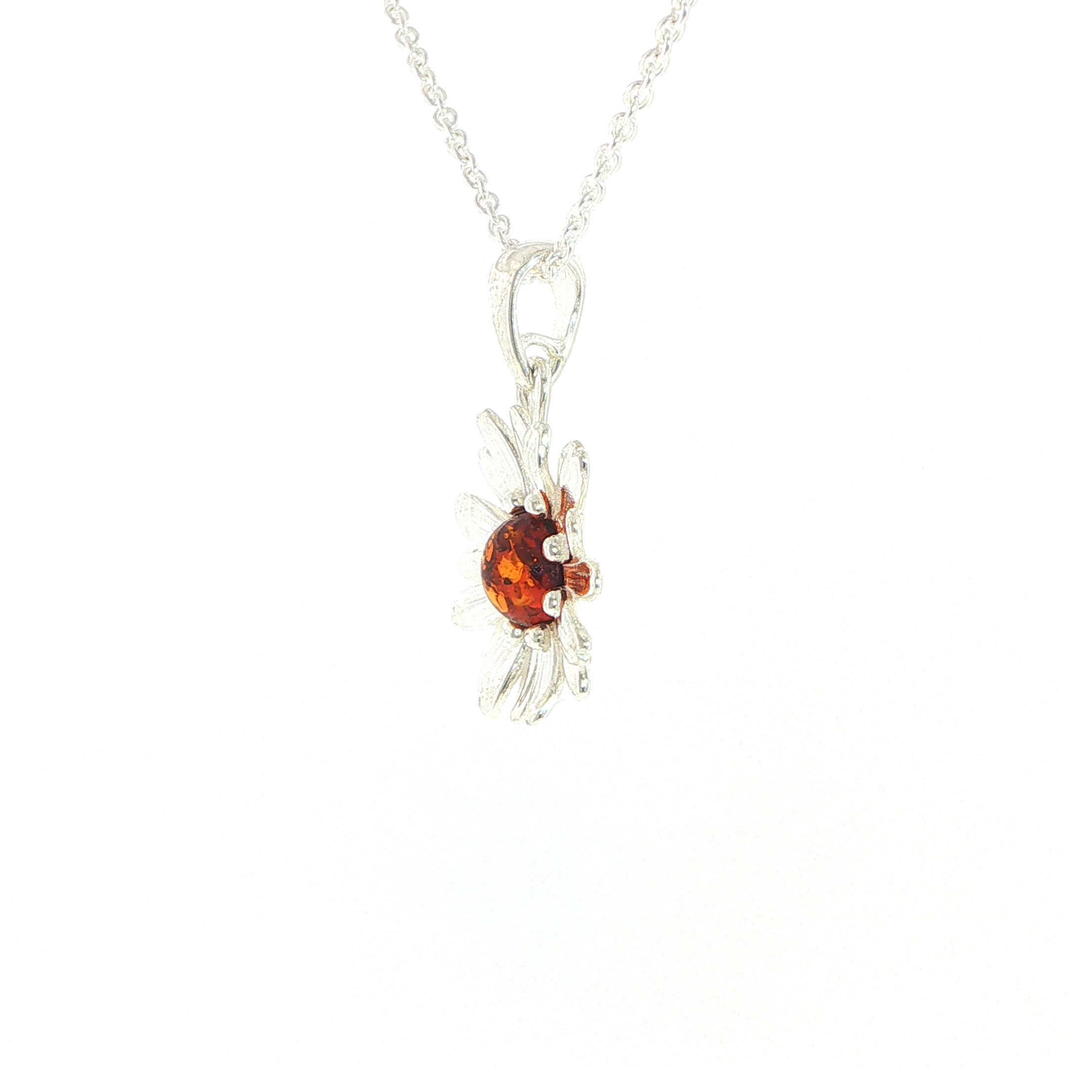 Daisy Charm Necklace with Orange Amber Centre in Silver - Image 5