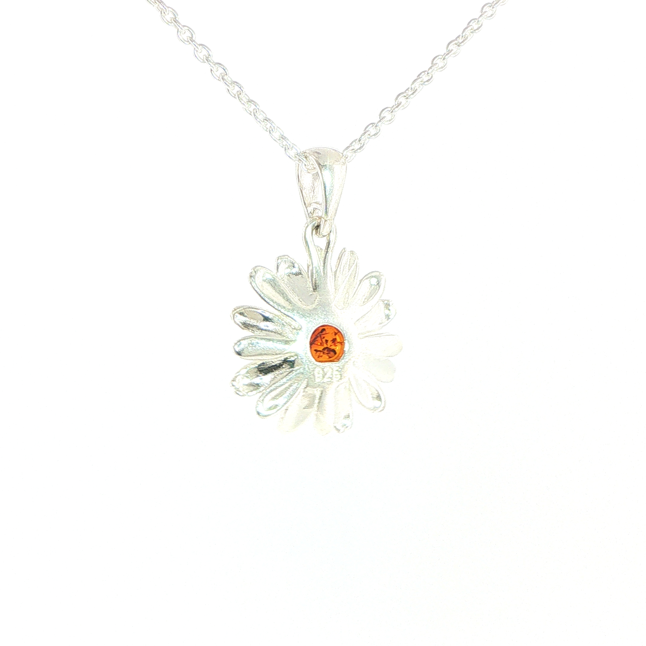 Daisy Charm Necklace with Orange Amber Centre in Silver - Image 7