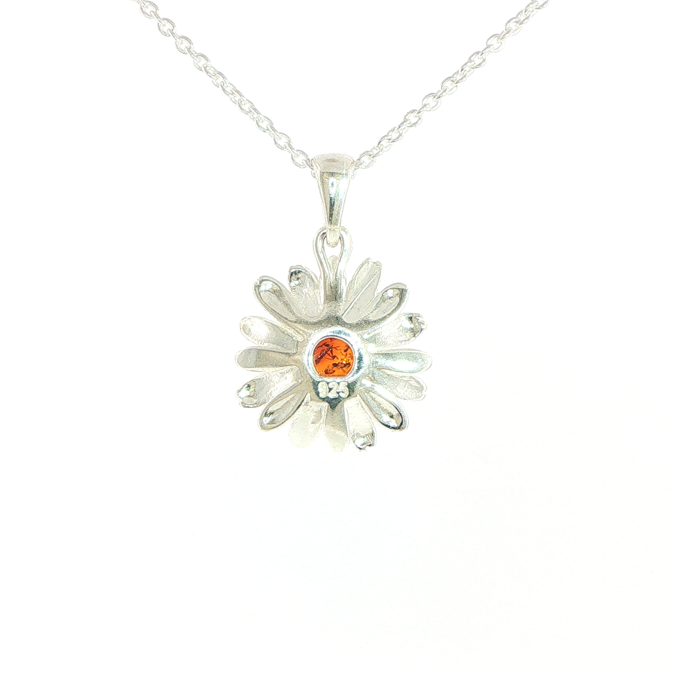 Daisy Charm Necklace with Orange Amber Centre in Silver - Image 8