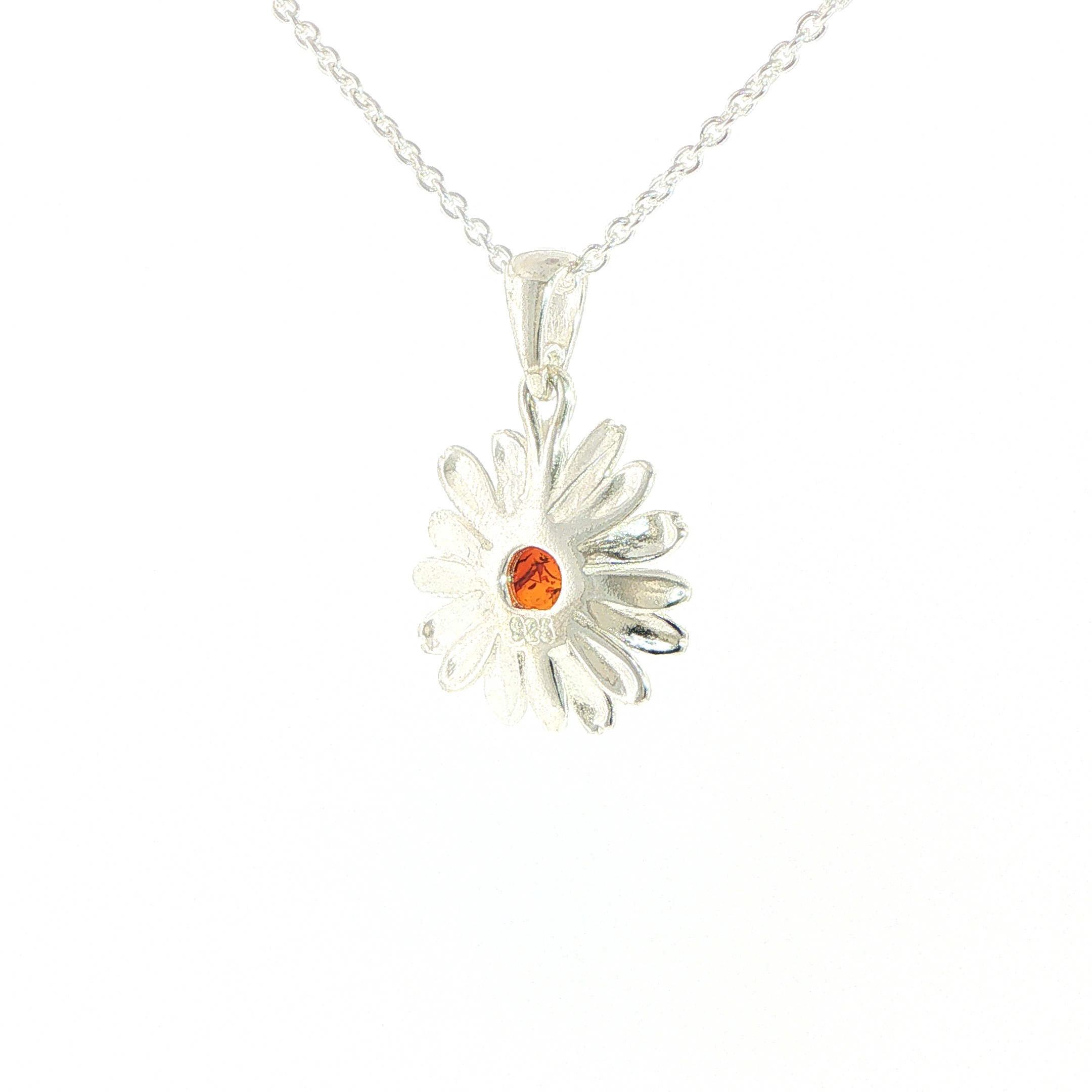 Daisy Charm Necklace with Orange Amber Centre in Silver - Image 9