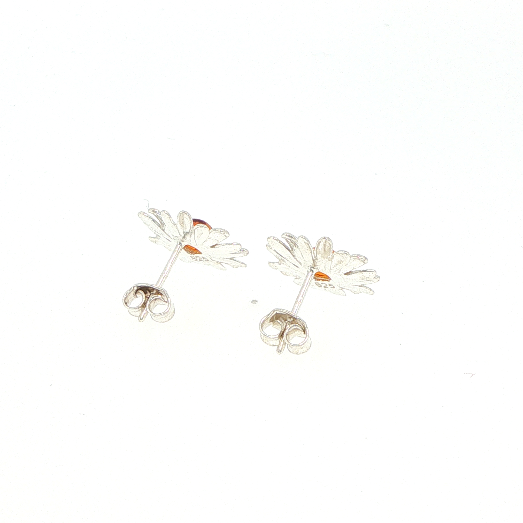 Daisy Stud Earrings with Orange Amber Centre in Silver - Image 11
