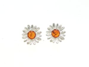 Daisy Stud Earrings with Orange Amber Centre in Silver