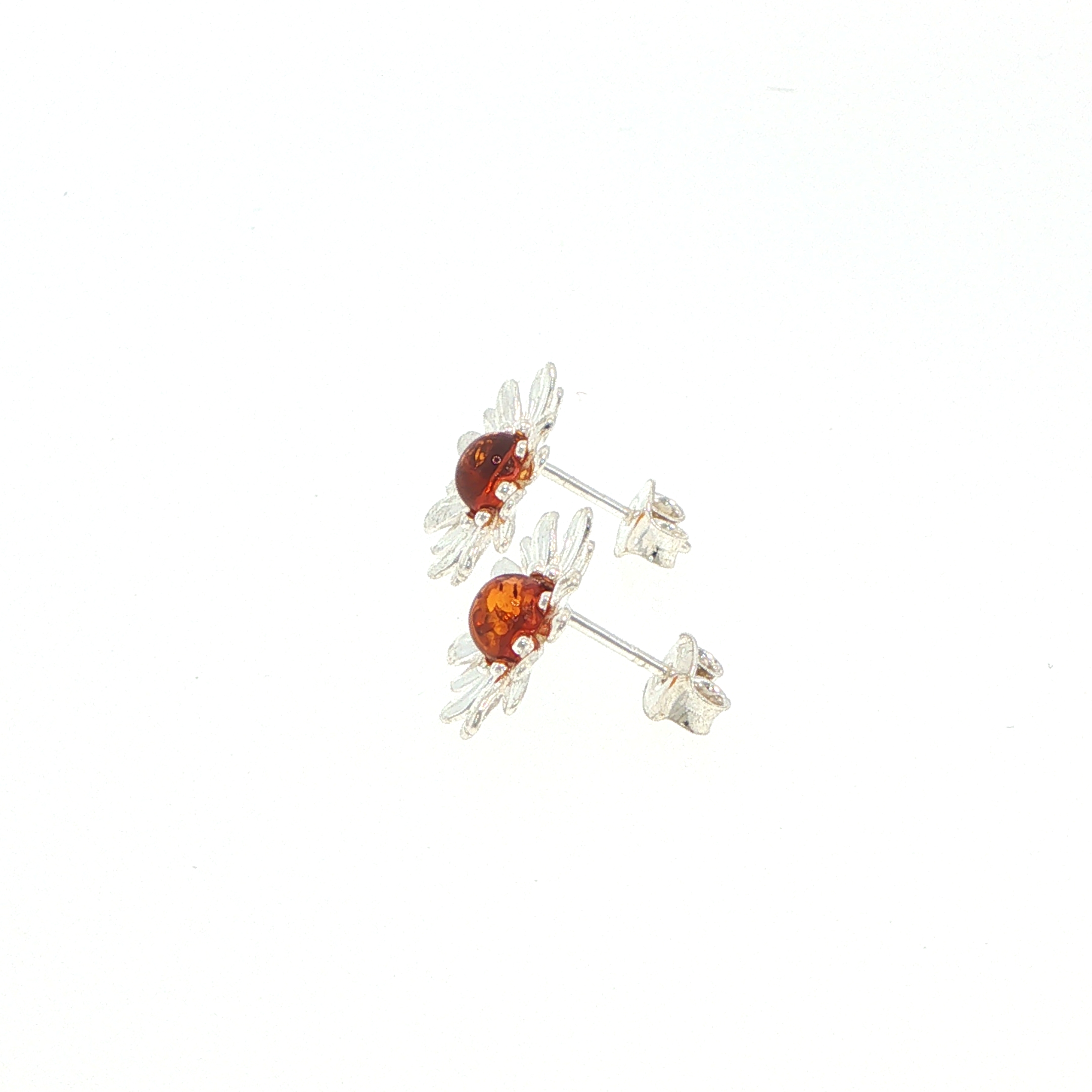 Daisy Stud Earrings with Orange Amber Centre in Silver - Image 7