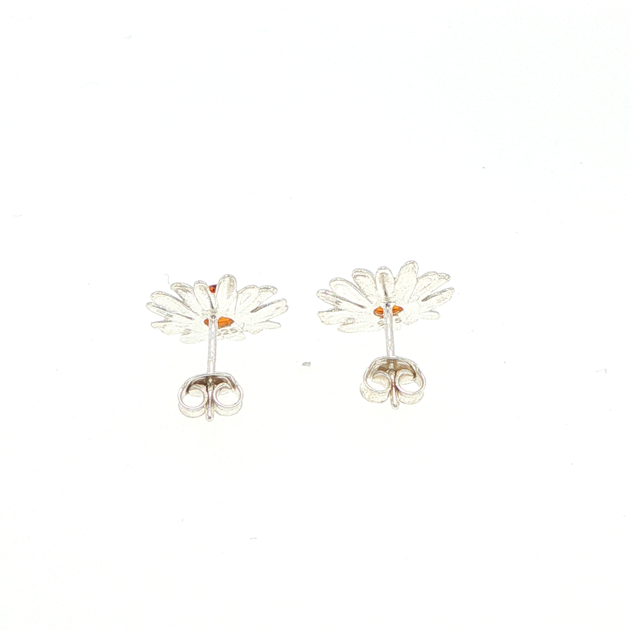 Daisy Stud Earrings with Orange Amber Centre in Silver - Image 10